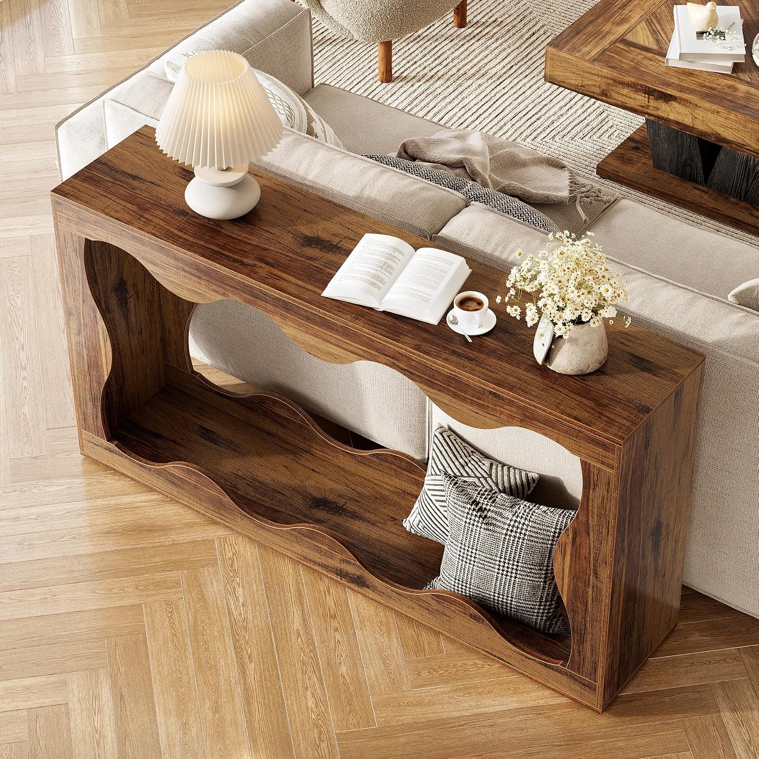 LITTLE TREE 63-Inch Entryway Table, Chic Design, Farmhouse Sofa Table Behind Couch, Scalloped Console Table with Build-in Storage Space for Entryway, Living Room, Hallway