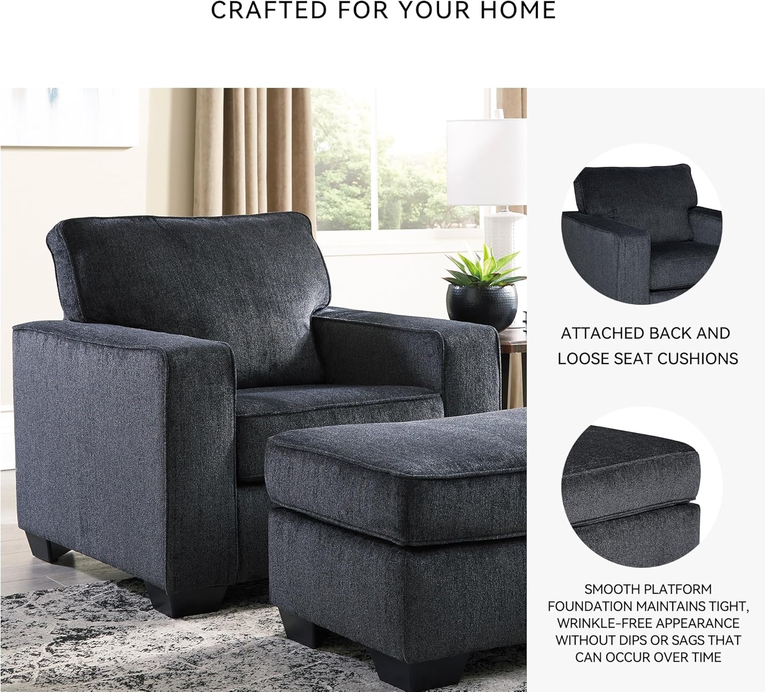 Signature Design by Ashley Altari Modern Chair, Reinforced Frame For Added Stability, Loose Seat Cushions, Back Height 37', Seat Height 20', Arm Height 26', Chenille Fabric, Dark Gray