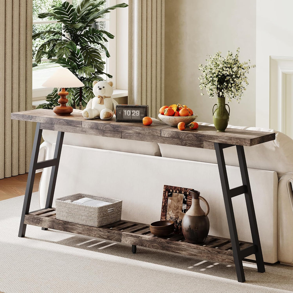 ChooChoo 70.9 Inch Long Console Tables for Entryway, Wood 2-Tier Entry Hallway Table, Narrow Sofa Table Behind Couch Table for Living Room, Entrance, Grey