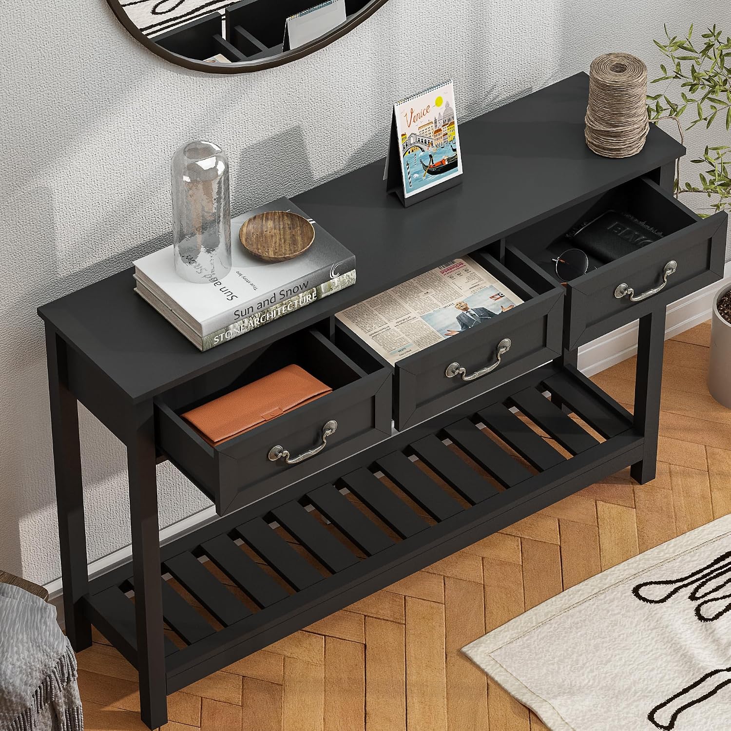 ChooChoo Console Table with 3 Drawers, Rustic Entryway Table, Narrow Long Sofa Table for Living Room, Hallway, Behind Couch, Black