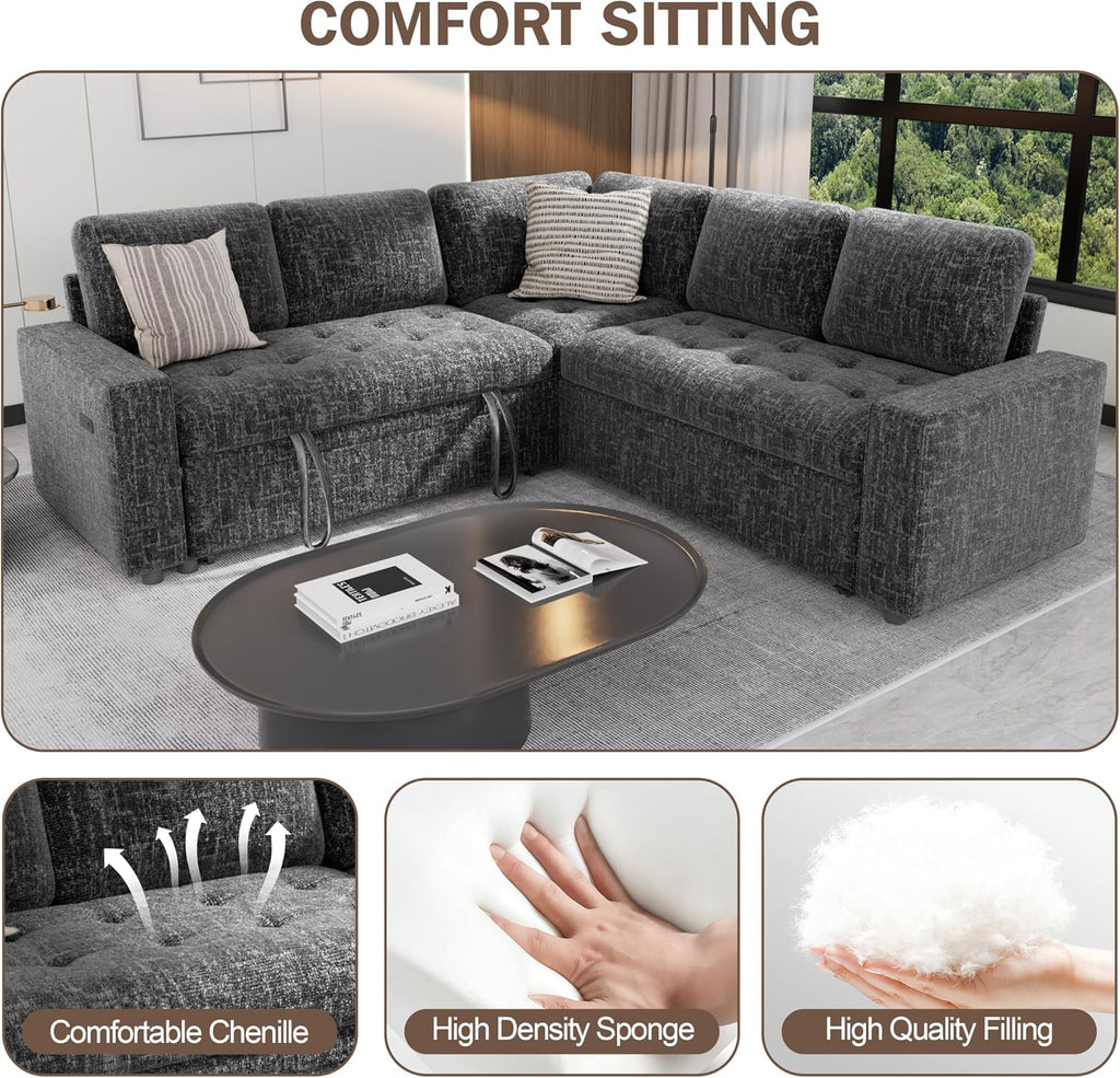 Sunny Heart Modular Sectional Sleeper Sofa with Pull Out Bed, Chenille L Shaped Sectional Sofa with USB Ports/Adjustable Backrest/Storage Seats, Tool-Free Assembly, Couches for Living Room Dark Grey