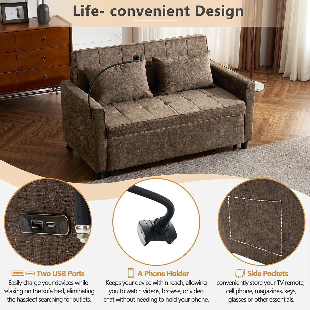 Merax 3 in 1 Convertible Sleeper Sofa Bed, Futon Couches for Living Room with USB Ports | Phone Holder| Reversible Backrest | Pull Out Couch |Small Loveseat, Brown