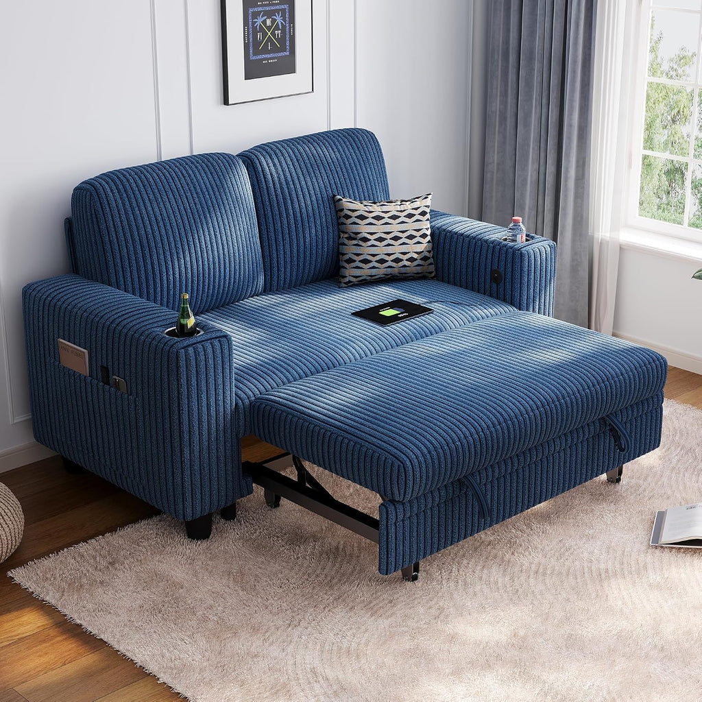 LINSY HOME Pull Out Loveseat Sofa Sectional Sleeper Sofa, Plush Corduroy Love Seat Couch Pullout Modular Sectional Couches for Living Room Apartment Bedroom (Blue)