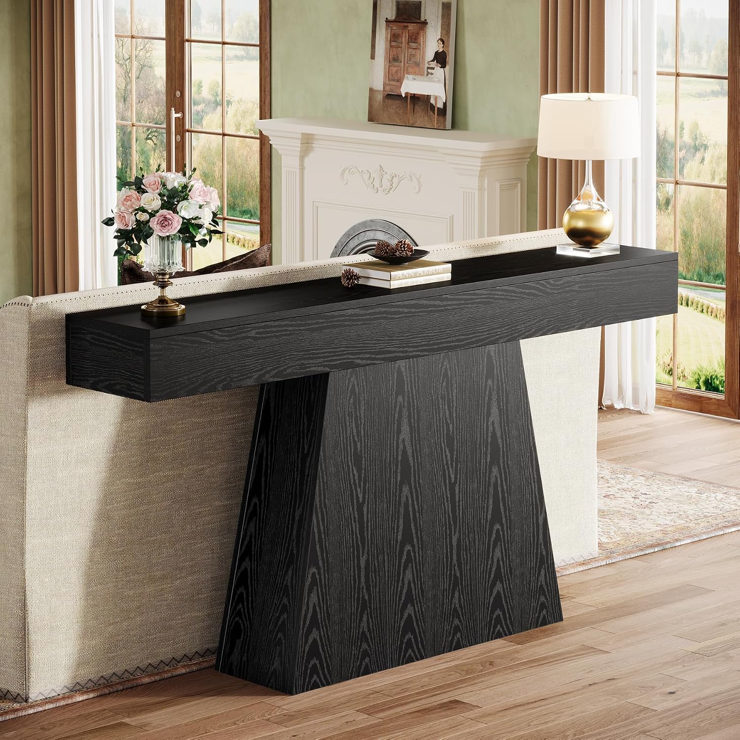 Tribesigns 63' Black Console Table, Farmhouse Entryway Table with Trapezoidal Base, Narrow Long Wood Sofa Table Behind Couch Table for Entrance, Hallway, Living Room, Black