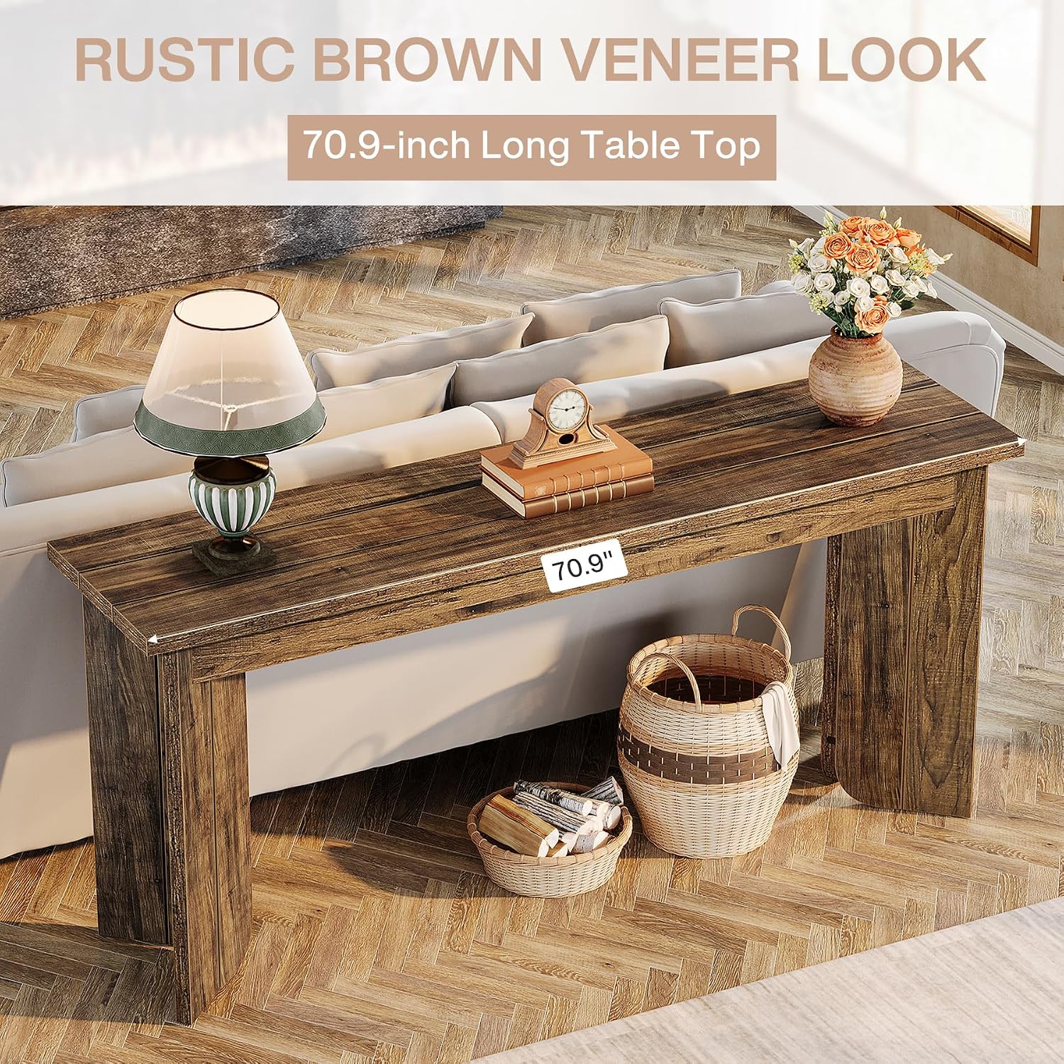 Tribesigns Farmhouse Console Table, 70.9-Inch Extra Long Console Table, Wood Sofa Table Behind Couch with Widened Tabletop & Sturdy Double Pedestal for Living Room, Hallway, Foyer (Rustic Brown)
