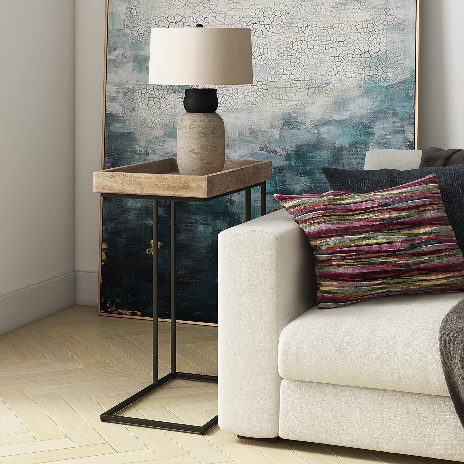 SIMPLIHOME Gallagher C Side Table - 12 inch Wide Solid Mango Wood and Metal Rectangular Accent Stand with Tray Top in Natural, Industrial Slide-Under Table for Living Room or Bedroom, Assembled