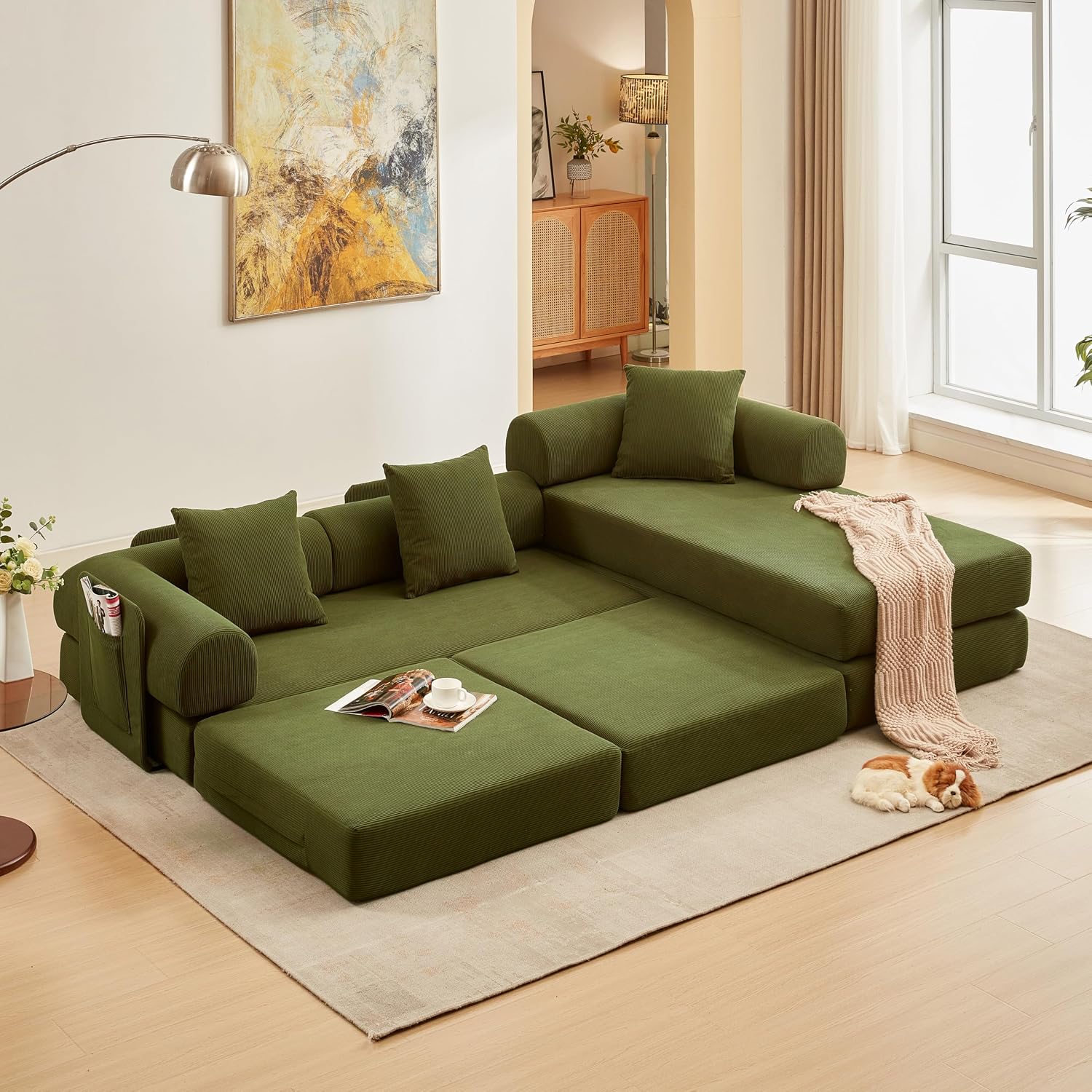 L Shaped Modular Sofa Bed with Cylindrical Pillow & Reversible Chaise, Corduroy Folding Floor Convertible Sofa Couch Bed with Fixed-Shape Frame & Storage Pocket for Living Room, Green
