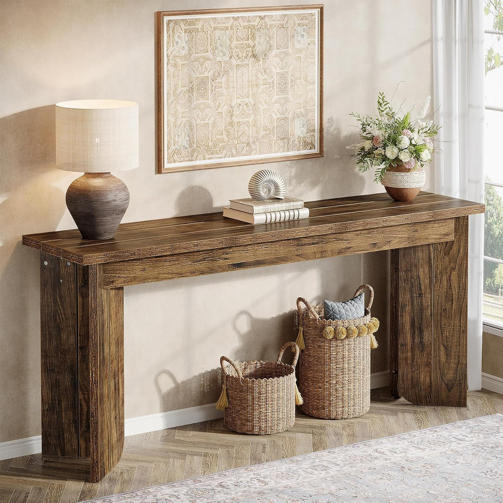Tribesigns Farmhouse Console Table, 70.9-Inch Extra Long Console Table, Wood Sofa Table Behind Couch with Widened Tabletop & Sturdy Double Pedestal for Living Room, Hallway, Foyer (Rustic Brown)