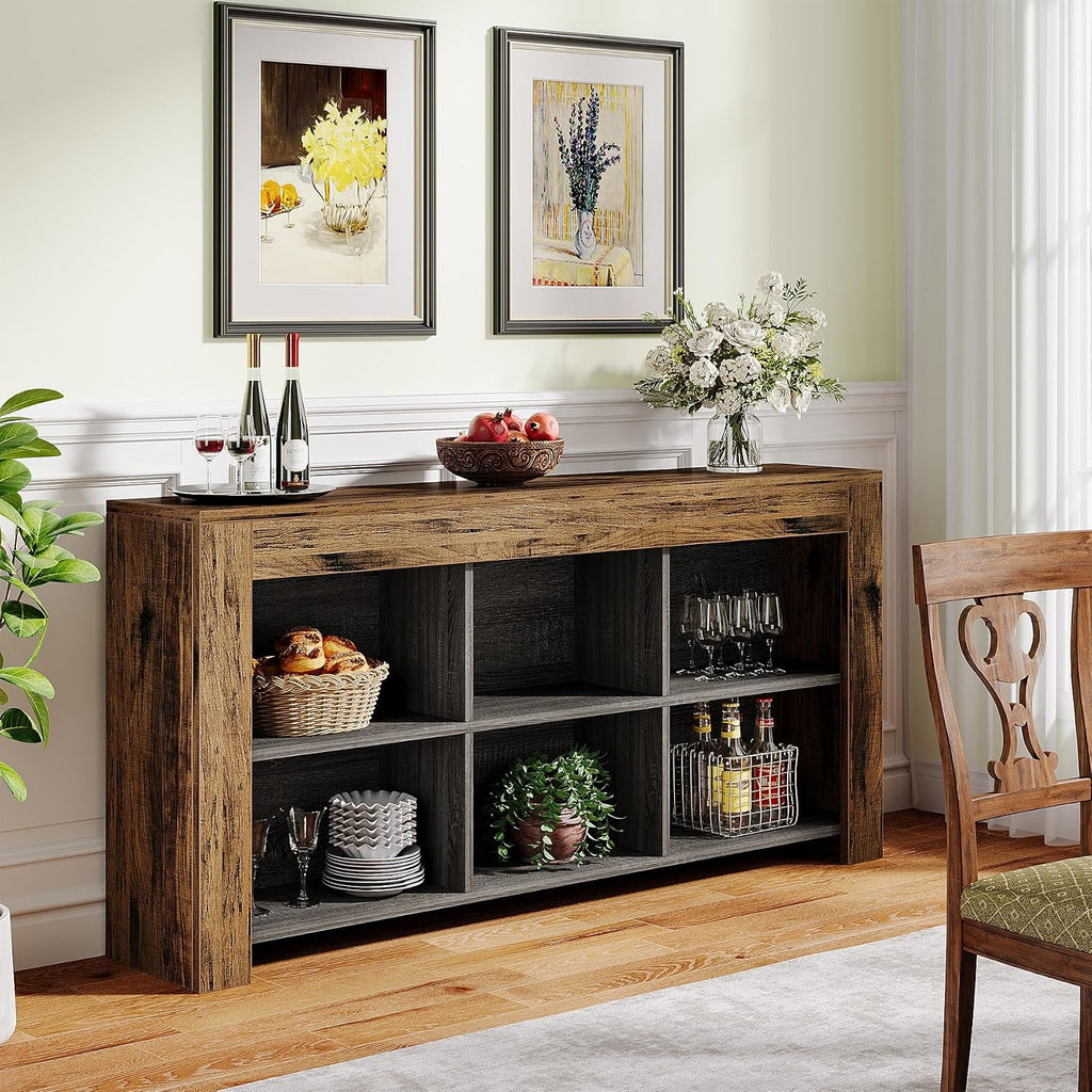 Tribesigns 63-Inch Long Console Table, Rustic Wood Entryway Table with 6 Storage Cubes, Industrial Narrow Sofa Table Behind Couch Table for Living Room, Hallway