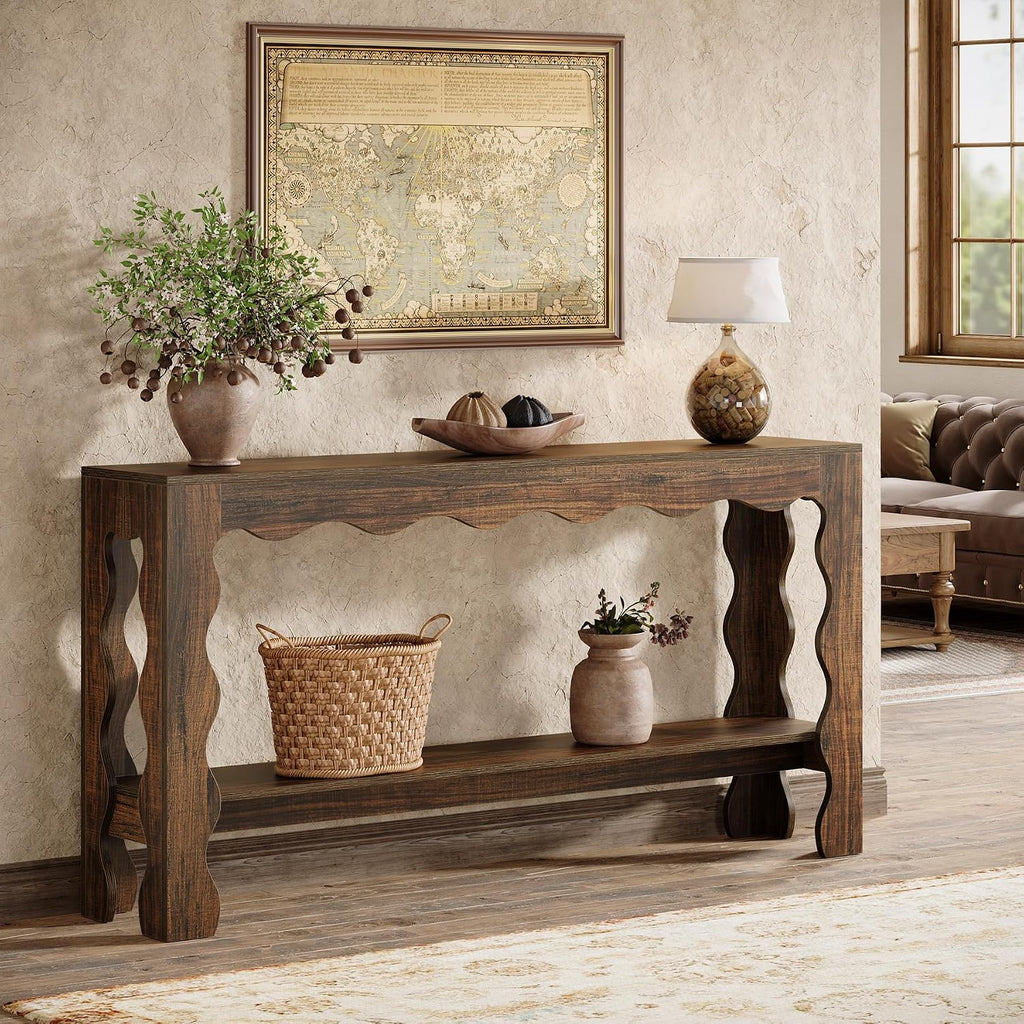 Tribesigns 63 Inch Entryway Table, Modern Rustic Entry Table with Scalloped Edge & Storage Shelf, Accent Narrow Long Sofa Table Behind Couch Console Tables for Entryway, Living Room, Dark Brown