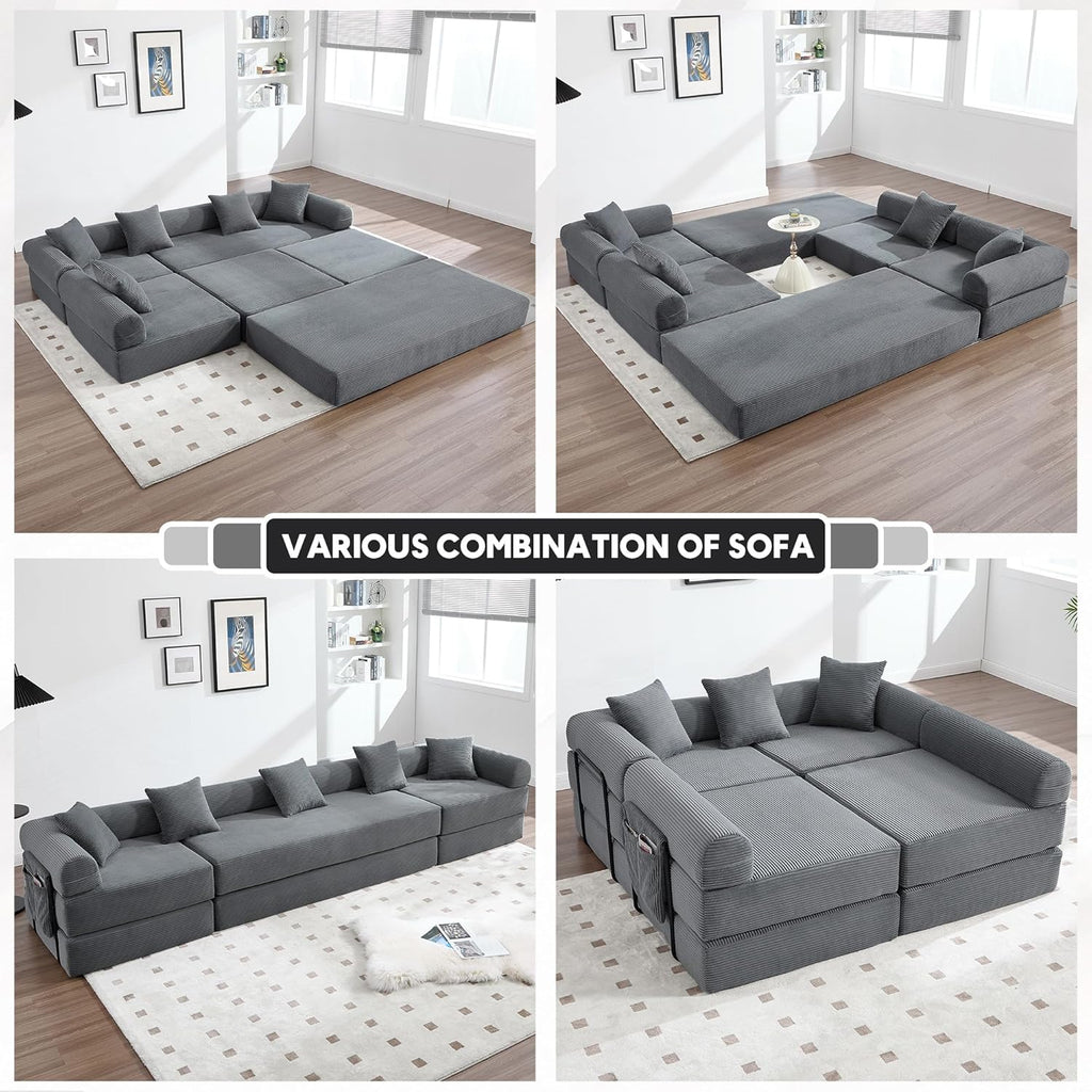 Oversized Modular Cloud Couch for Living Room, Corduroy L-Shaped Sectional Sleeper Sofa Bed with Fixed-Shape Frame, Modern Boneless Couch with Pillows & Storage，Grey