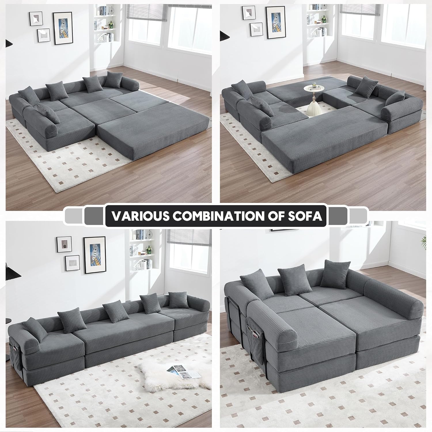 Oversized Modular Cloud Couch for Living Room, Corduroy L-Shaped Sectional Sleeper Sofa Bed with Fixed-Shape Frame, Modern Boneless Couch with Pillows & Storage，Grey