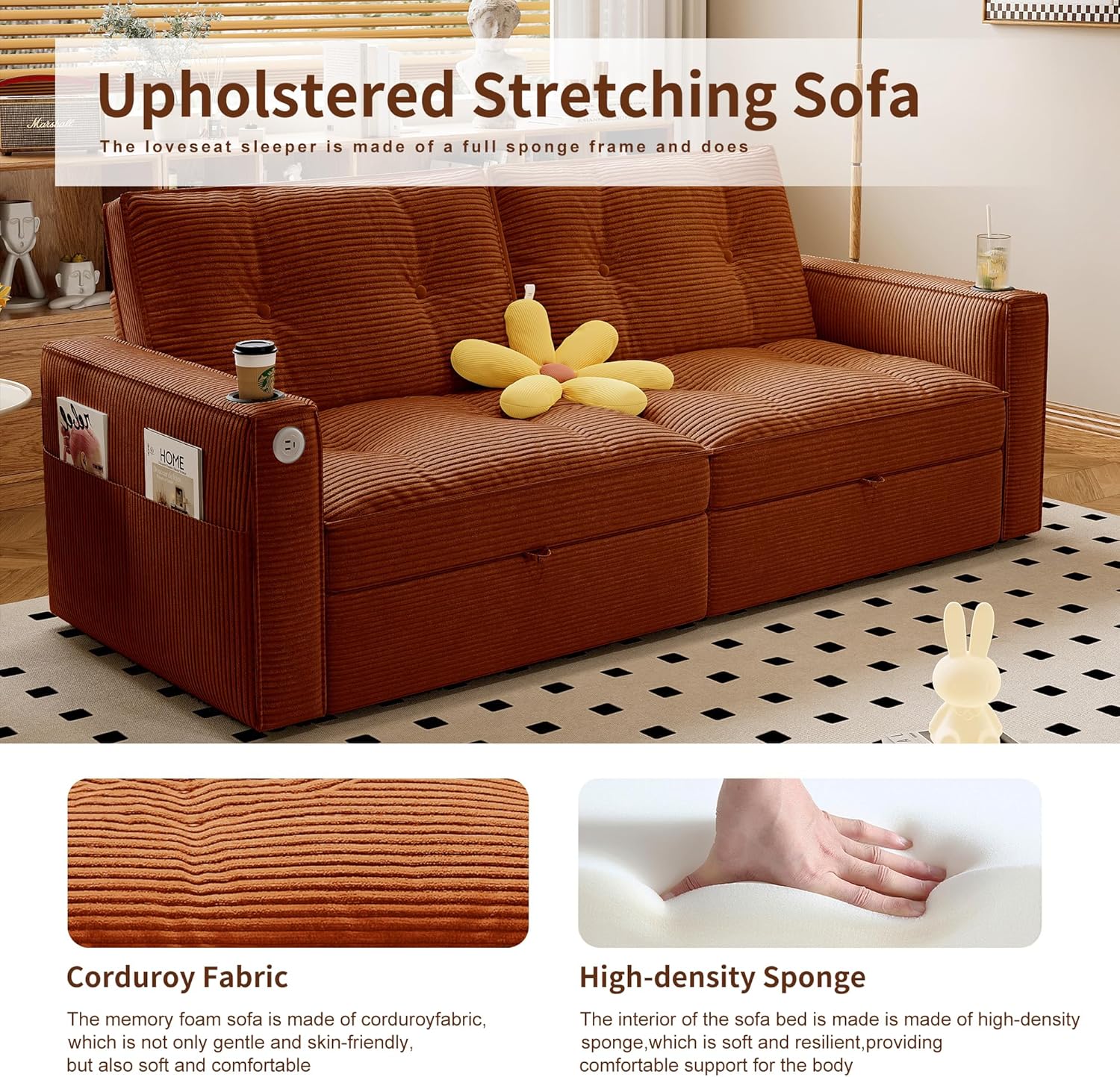 73' Queen Size Sofa Bed, Loveseat Sleeper Sofa with Pull Out Bed, Pockets and USB, Modern 2 Seater Convertible Small Couch for Living Room Bedroom Apartment (Orange, Corduroy)