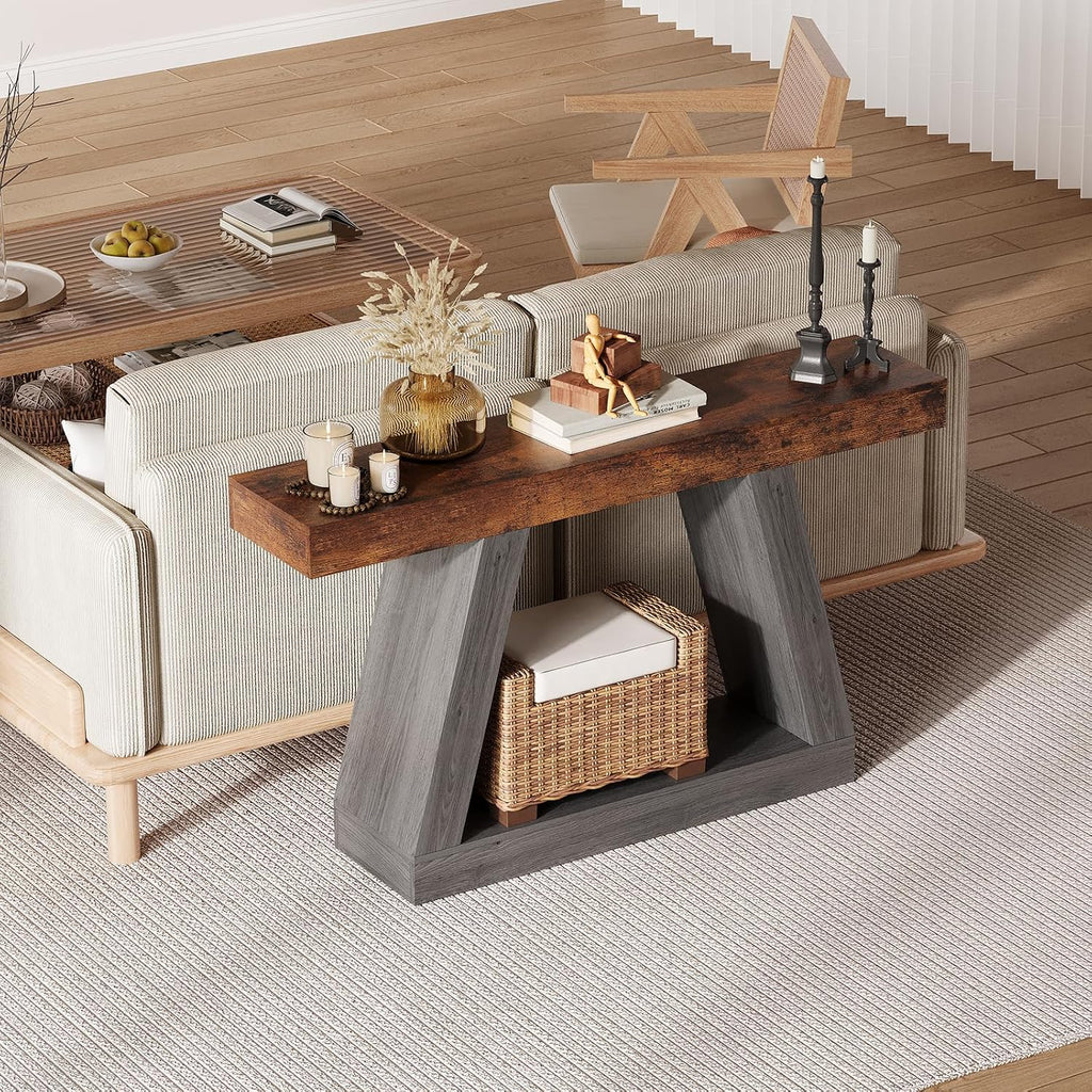 55 Inches Console Table, Sofa Table Behind Couch, 2-Tier Wooden Entry Tables for Entryway Foyer Hallway, Industrial Console Tables with Open Storage Shelf for Living Room