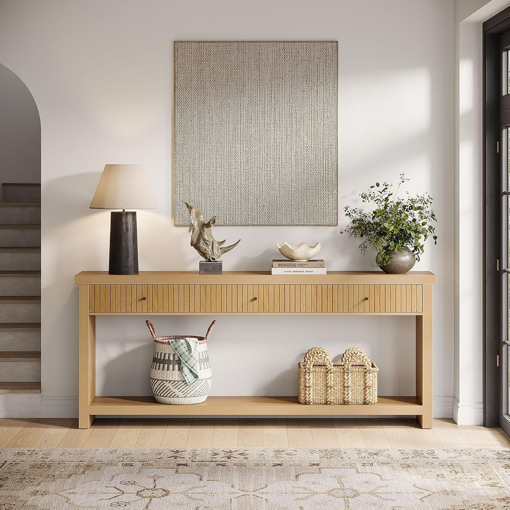 Tribesigns 70.9 inch Console Table with 3 Drawers, Extra Long Entryway Table, Wood Sofa Table Oak Furniture with Open Storage Shelves Wooden Couch Table Foyer Tables for Living Room Hallway Entrance