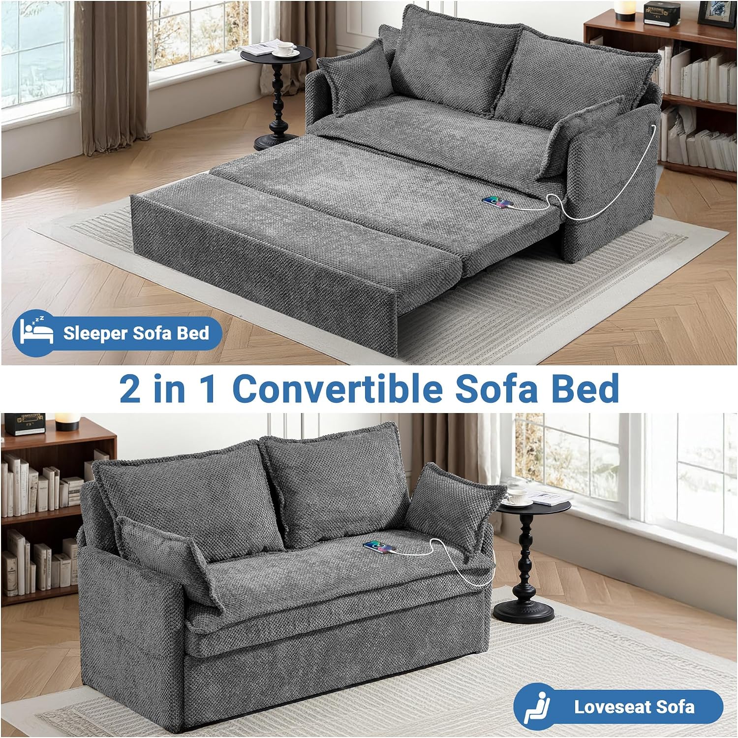 60' Sleeper Sofa Bed, 2-in-1 Pull Out Couch with USB/Type-C Charging & Side Pockets, Convertible Corduroy Loveseat Chaise Lounge, Space-Saving Sofa for Living Room, Grey