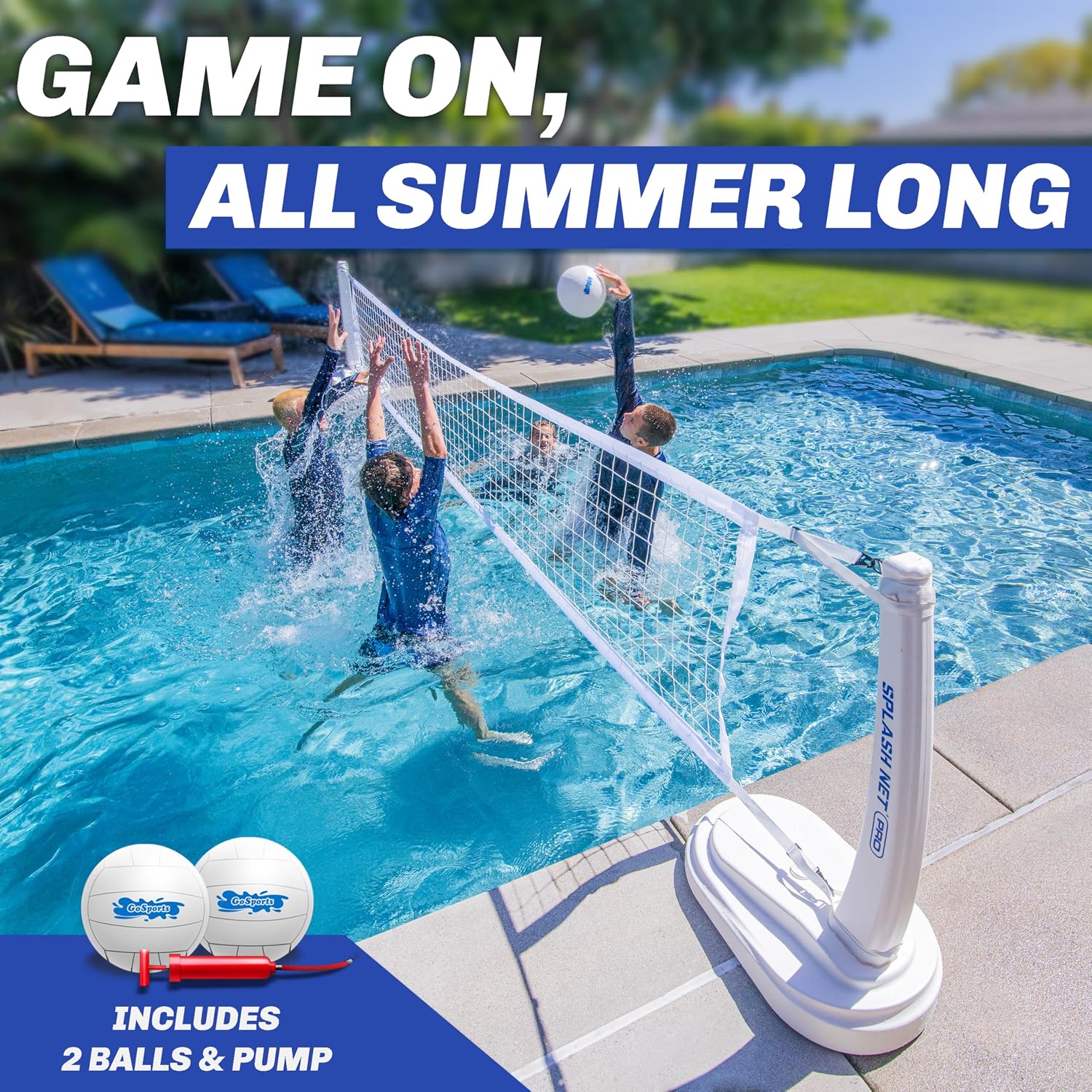 GoSports Splash Net PRO Pool Volleyball Net - Red, White, or Blue - Includes 2 Water Volleyballs and Pump
