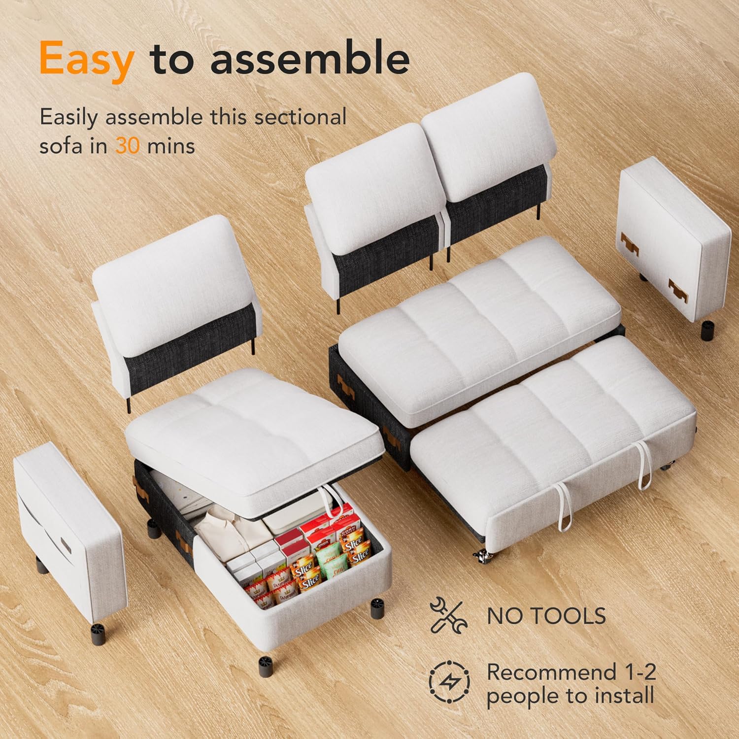 Sunny Heart Chenille Sleeper Sofa Bed, 81' L Shaped Couch Sleeper Sofa, Pull Out Couch Bed with Reclining Backrest | Reversible Storage Chaise | USB Port | Side Pocket | Tool-Free Assembly | Beige