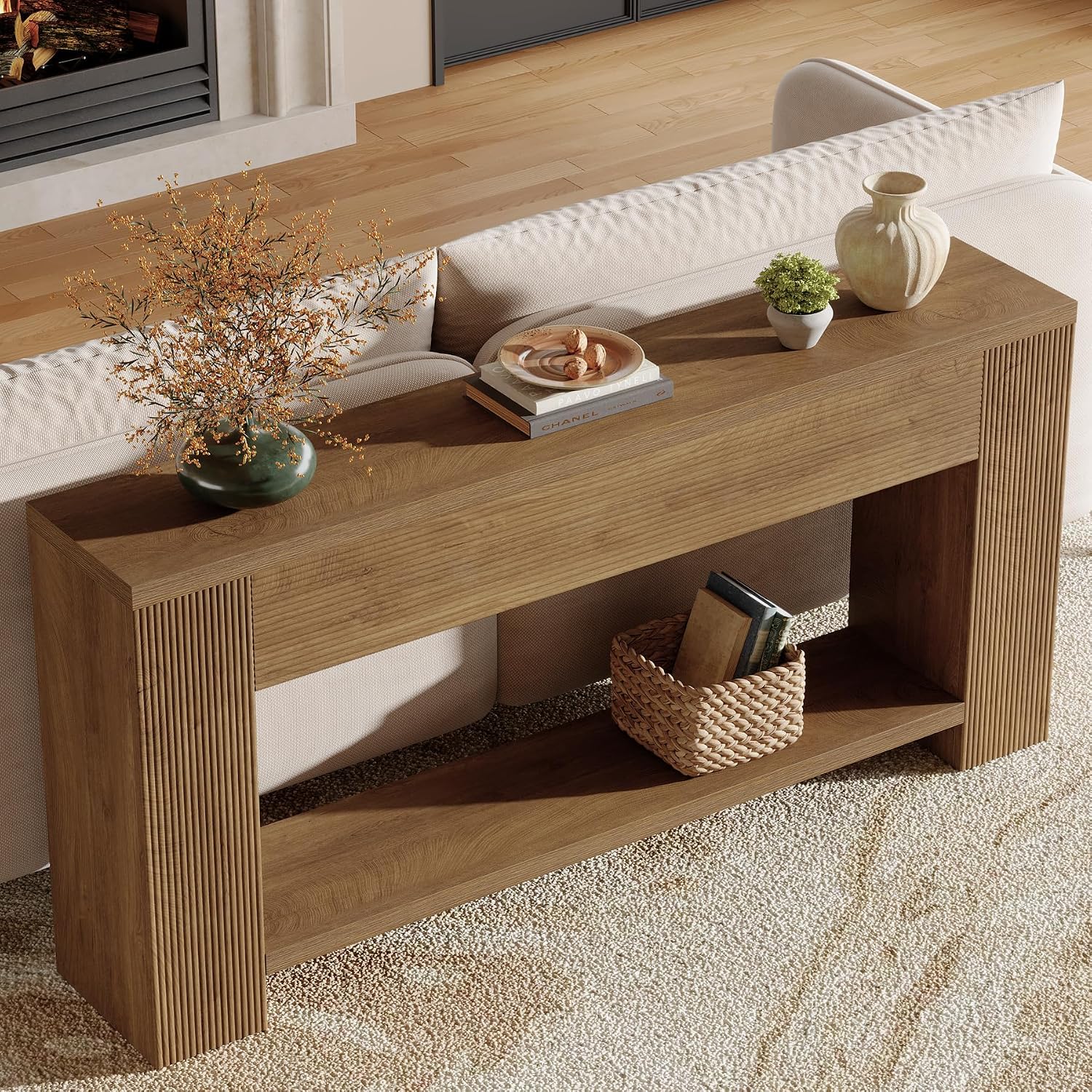 Tribesigns 70.9-Inch Console Tables for Entryway, Narrow Wooden Long Sofa Table Behind the Couch, Farmhouse Fluted Hallway Accent Table for for Living Room, Entrance, Foyer (Light Brown)