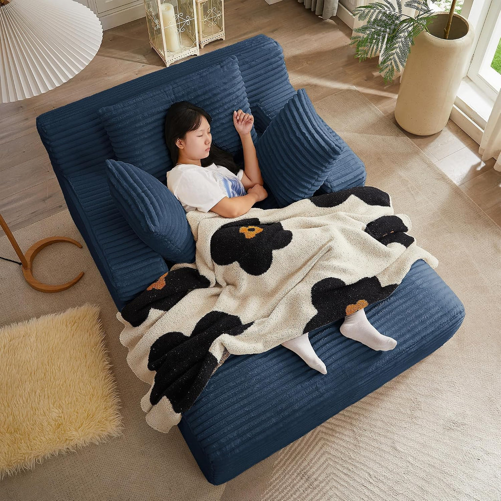 Tmsan 50' Oversized Chaise Lounge Sofa Chair Indoor, Modern Corduroy Sleeper Sofa Cloud Couch with 3 Soft Pillows, Comfy Single Seat Floor Sofa for Living Room Apartment Office, Blue