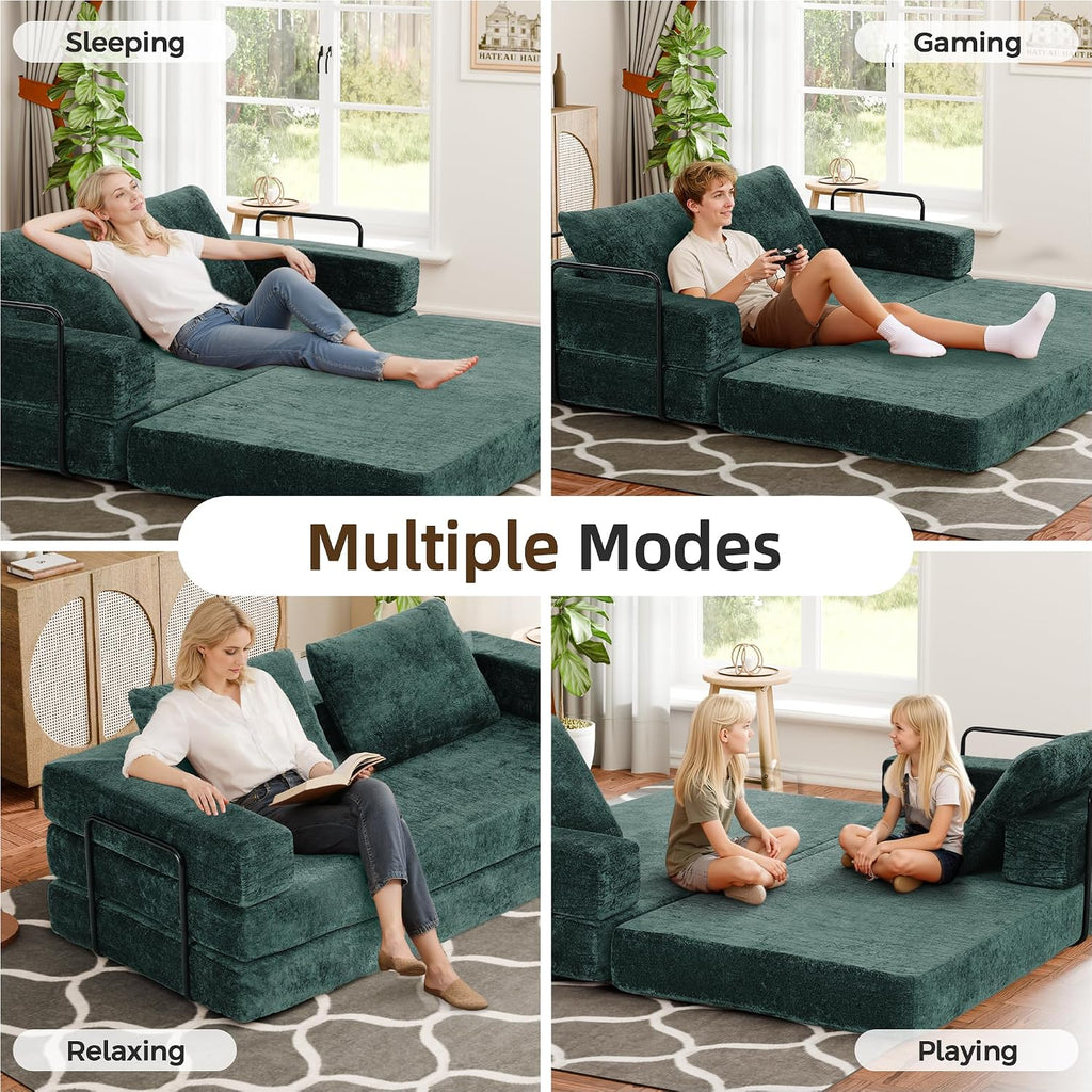 Convertible Sofa Bed, 4-in-1 DIY Combination Modular Couch with Pillows, Comfy Boneless Sleeper Sofa Bed with Fixed-Shape Frame, Chenille Convertible Lounge Couch for Living Room, Green