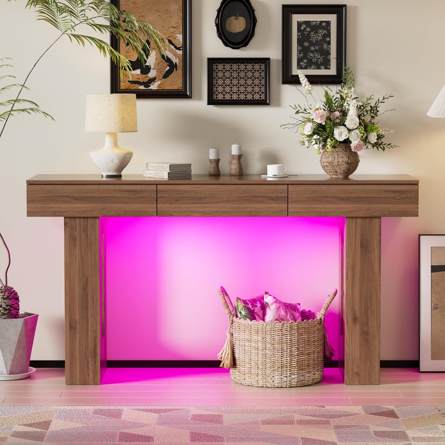 PAKASEPT 63-Inch Long Console Table with Colorful LED Lights and 3 Drawers, Wooden Rectangular Sofa Table Behind The Couch, Farmhouse Entryway Table for Entrance, Hallway, Living Room