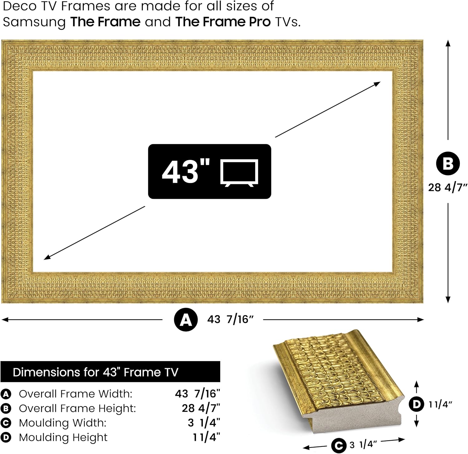Gatsby Gold 43' Premiere Deco TV Frame - Compatible ONLY with Samsung The Frame TVs (Fits 2021-2026, LS03A, LS03B, LS03C, LS03D, LS03FA)