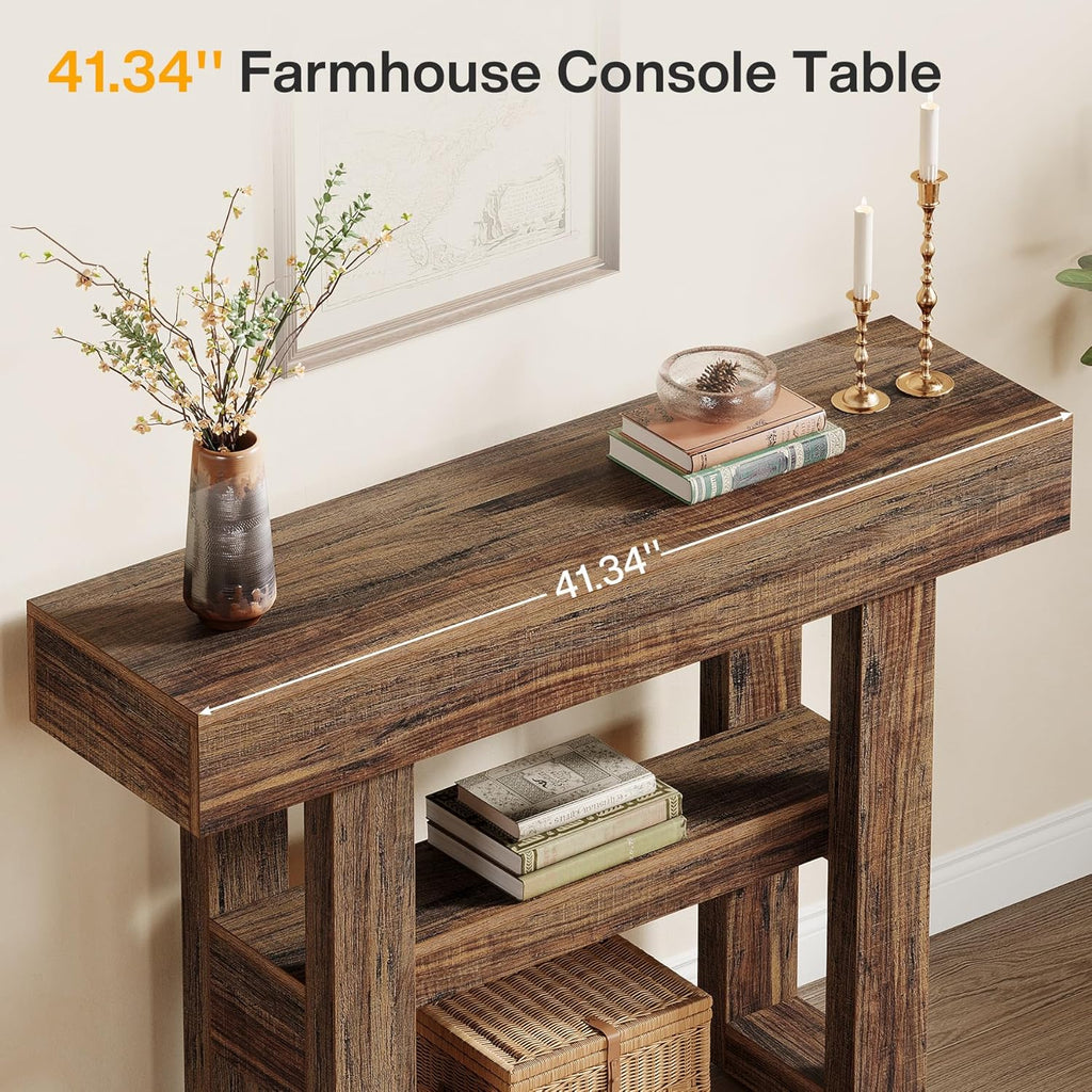 Tribesigns 41.34-Inch Farmhouse Console Table, 2-Tier Narrow Sofa Table Behind The Couch, Entryway Furniture with Storage Shelves for Hallway Foyer Living Room, Rustic Brown
