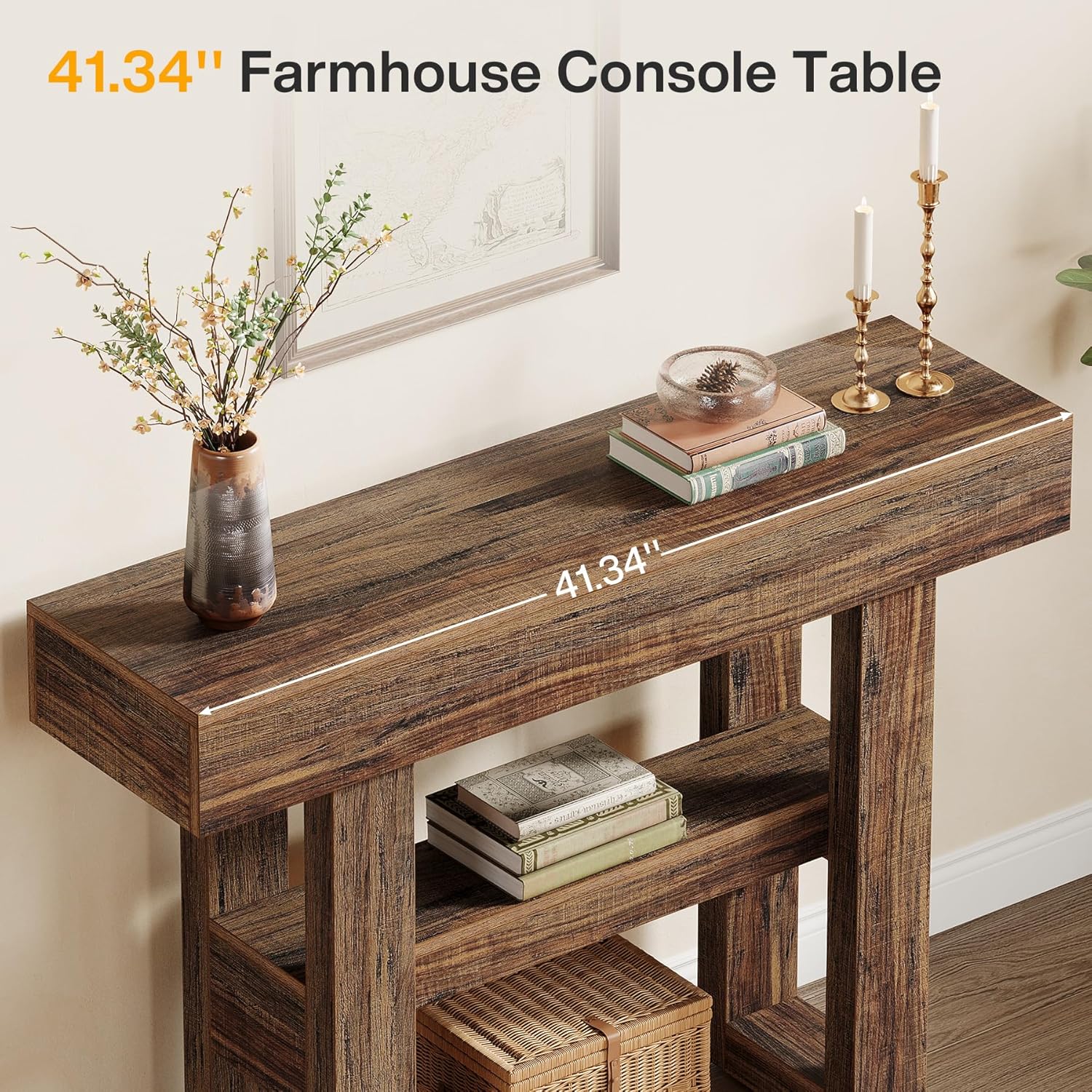 Tribesigns 41.34-Inch Farmhouse Console Table, 2-Tier Narrow Sofa Table Behind The Couch, Entryway Furniture with Storage Shelves for Hallway Foyer Living Room, Rustic Brown