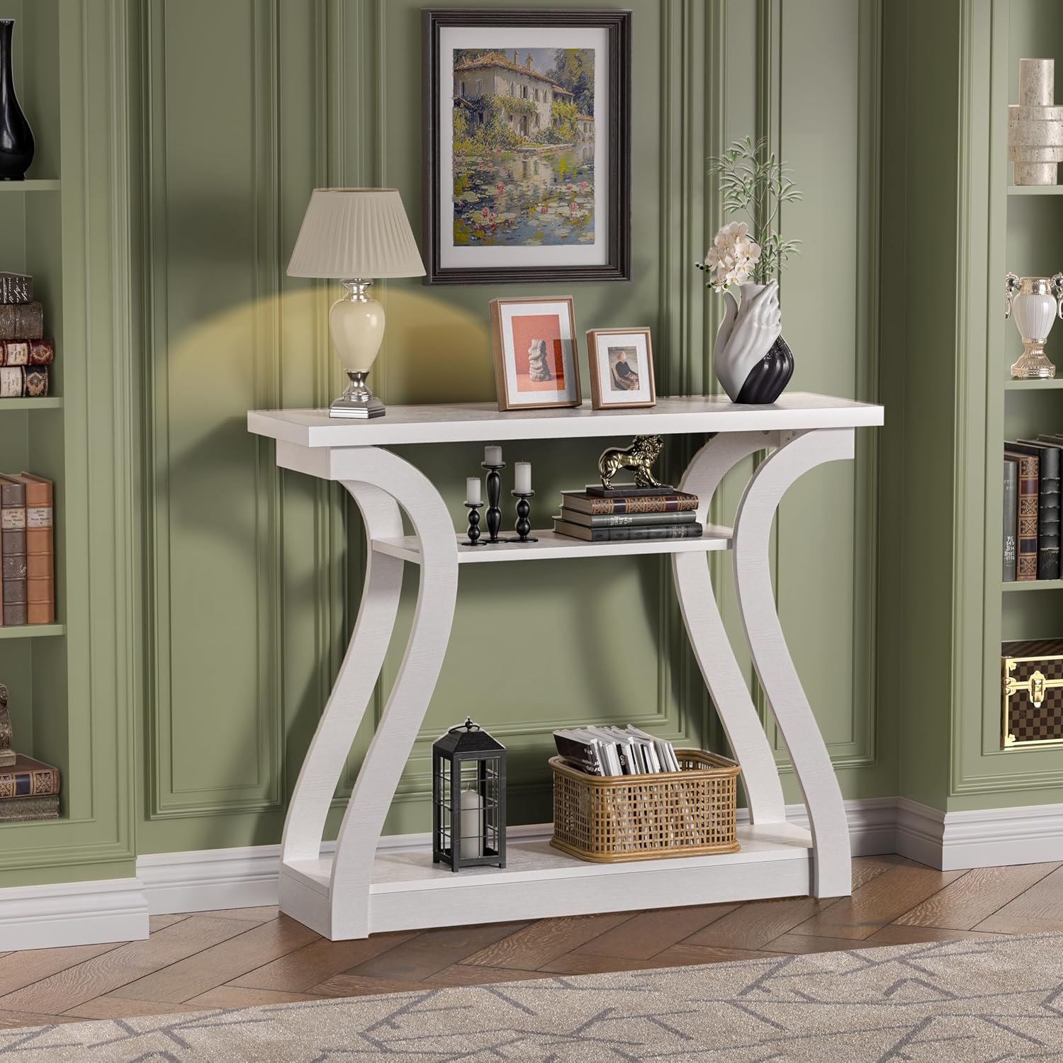 Wooden Console Table with Curved Legs and Shelf, 3-Tier Modern Accent Narrow Sofa Table for Entrance Area, Living Room, Hallway, 47 in Wide Wood Console Table for Entryway (White)