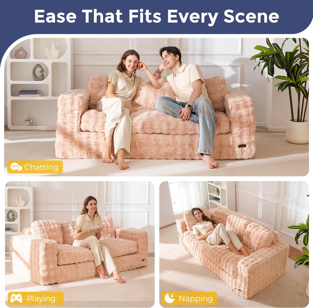 MAXYOYO 3 Seater Sofa for Living Room, Tufted Boneless Couch Bubbled Sofa Couch, Comfy Bean Bag Chair for Bedroom Apartment, No Assembly Needed, Pink