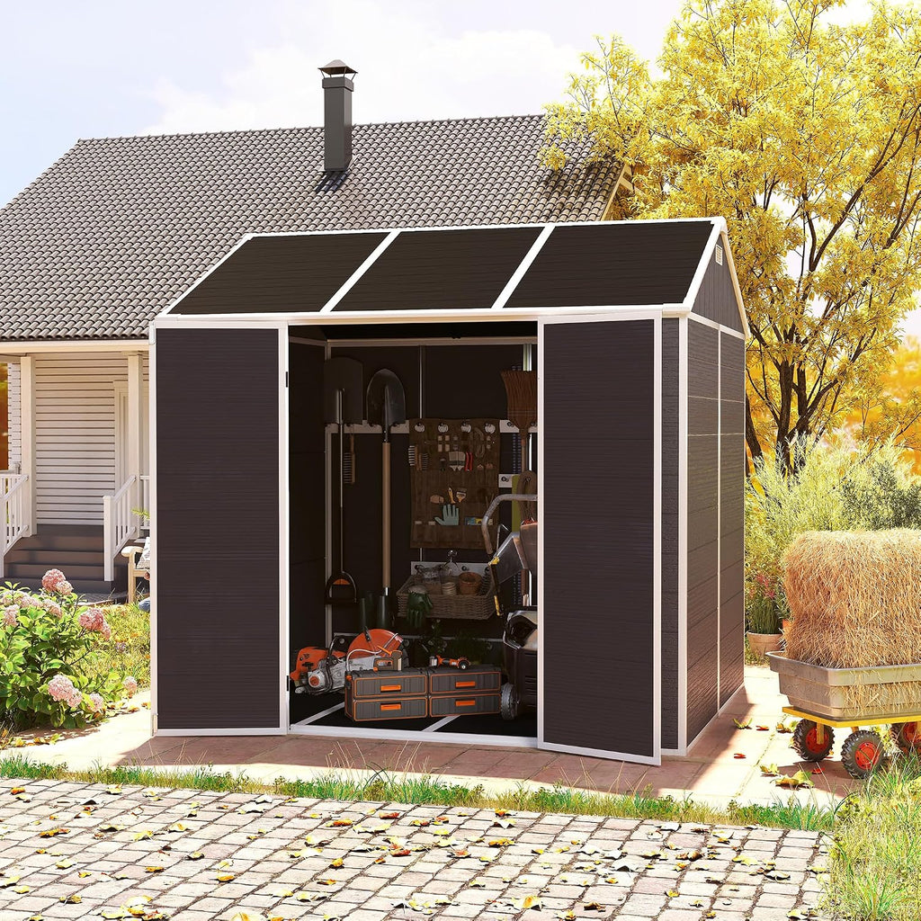 8x7ft Outdoor Storage Shed with Lockable Double Doors, Heavy Duty Resin Garden Shed for Backyard, 2 Windows & Floor Included, Hurricane-Proof, Waterproof UV-Resistant for Lawn Mower/Patio Furniture