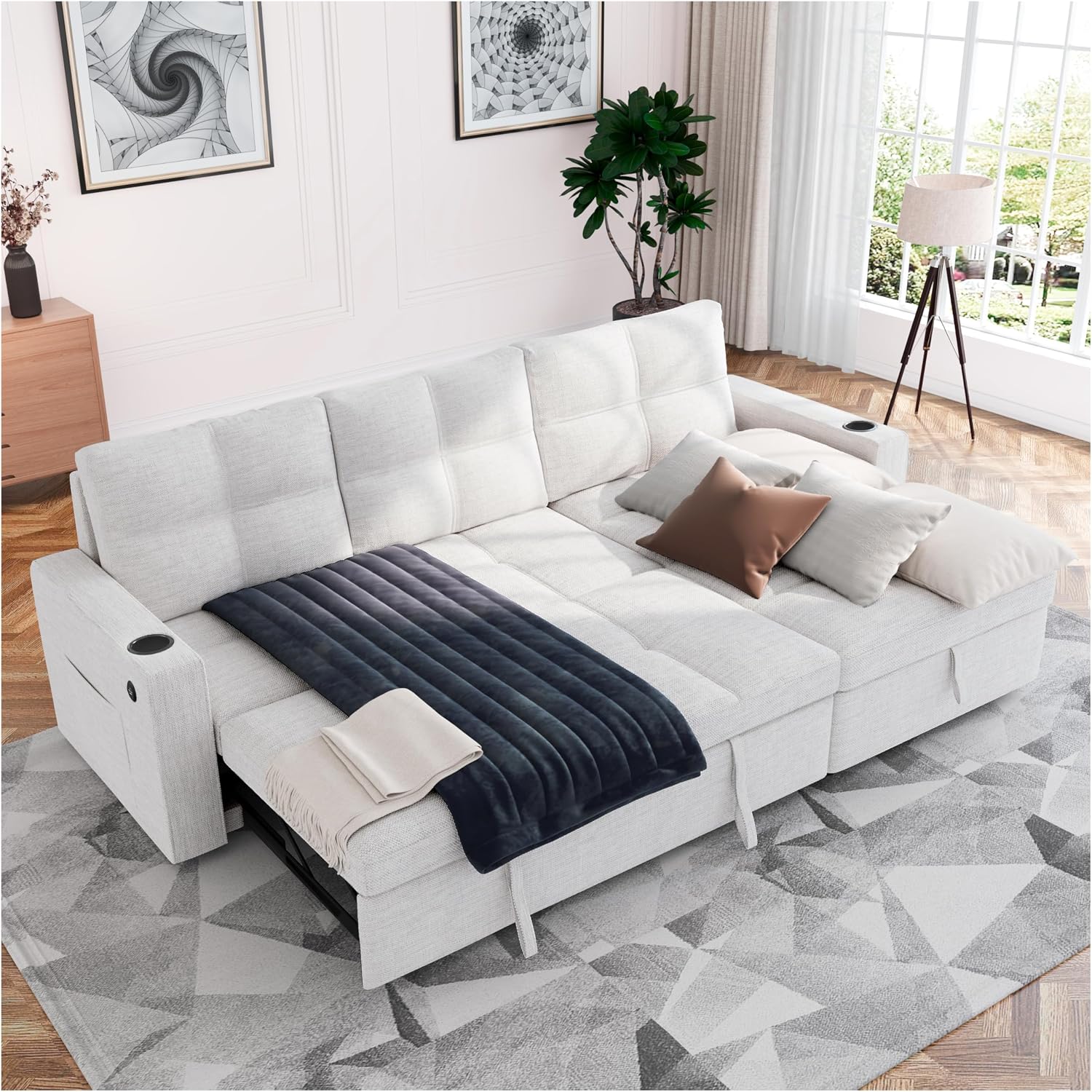85 Inch Dual-Use Sectional Sleeper Sofa - Pull Out Bed with Storage Chaise, Removable Backrest, USB Ports & Cup Holder for Home Light,Beige