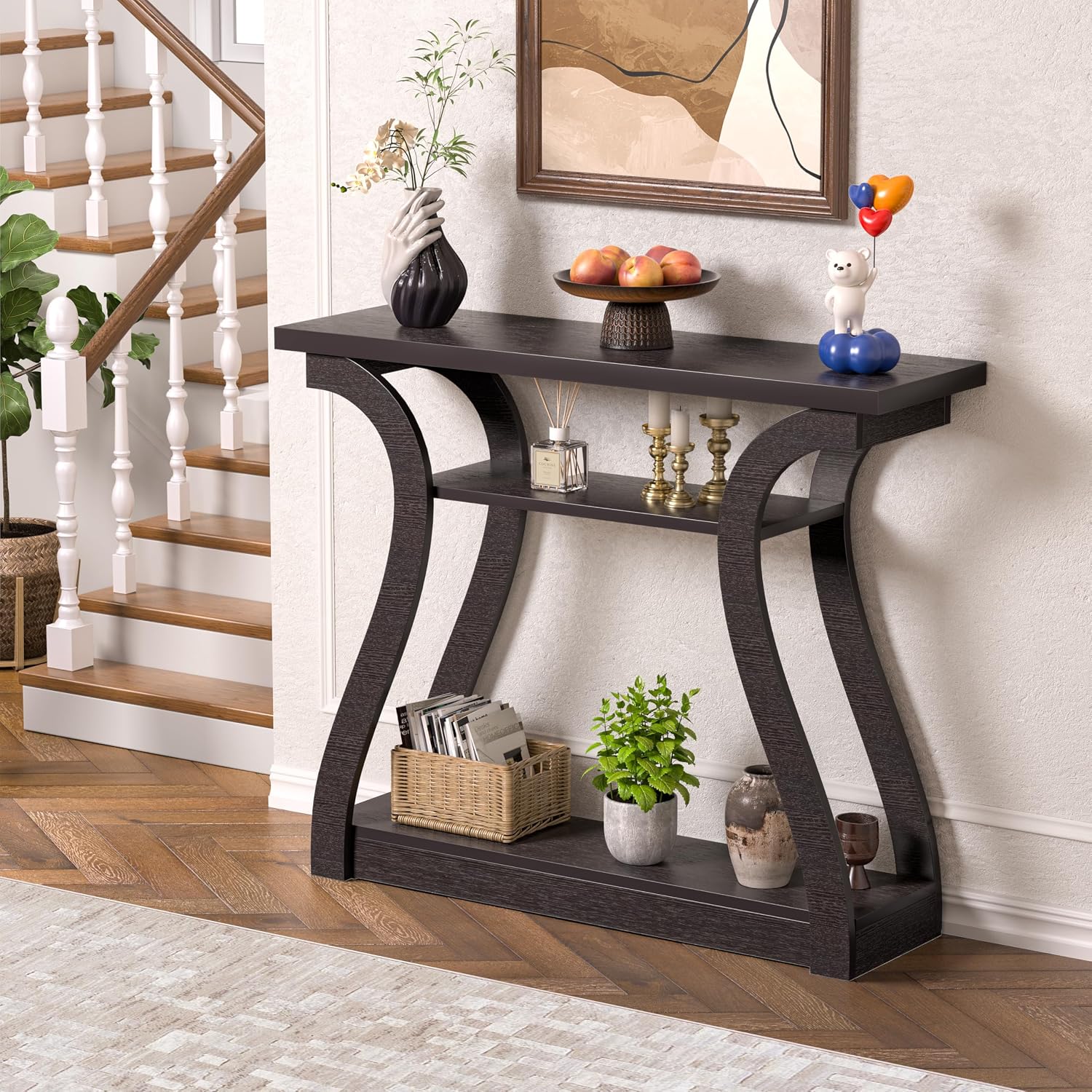47' Wood Console Table for Entryway, Narrow Sofa Table with 3-Tier Shelves, Curved Legs Farmhouse Hallway Table, Skinny Console Table Behind Couch, Rustic Wooden Entry Table for Living Room (Brown)