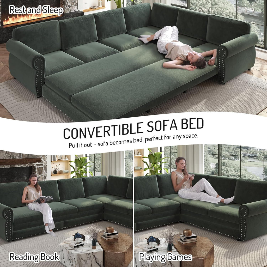 118'' Pull Out Couch, Convertible Sleeper Sofa Bed, Upholstered Sectional Sofa, Chenille L-Shaped Couch with Nailhead Trim, 6-Seater Modern Sectional Couches for Living Room, Apartment, Green