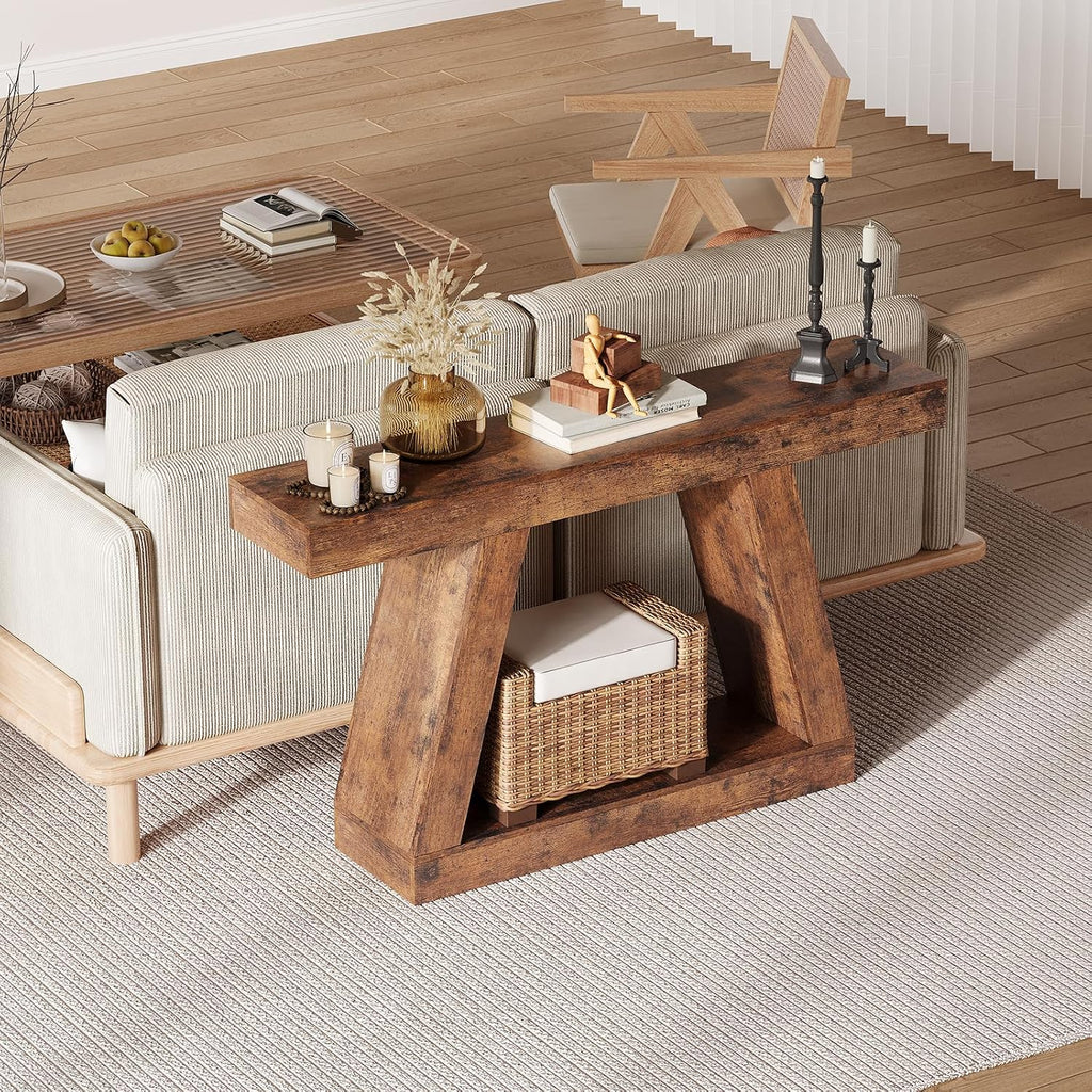 55 Inches Console Table, Sofa Table Behind Couch, 2-Tier Wooden Entry Tables for Entryway Foyer Hallway, Industrial Console Tables with Open Storage Shelf for Living Room