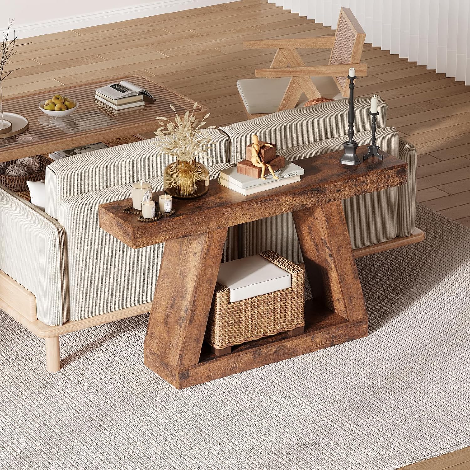 55 Inches Console Table, Sofa Table Behind Couch, 2-Tier Wooden Entry Tables for Entryway Foyer Hallway, Industrial Console Tables with Open Storage Shelf for Living Room