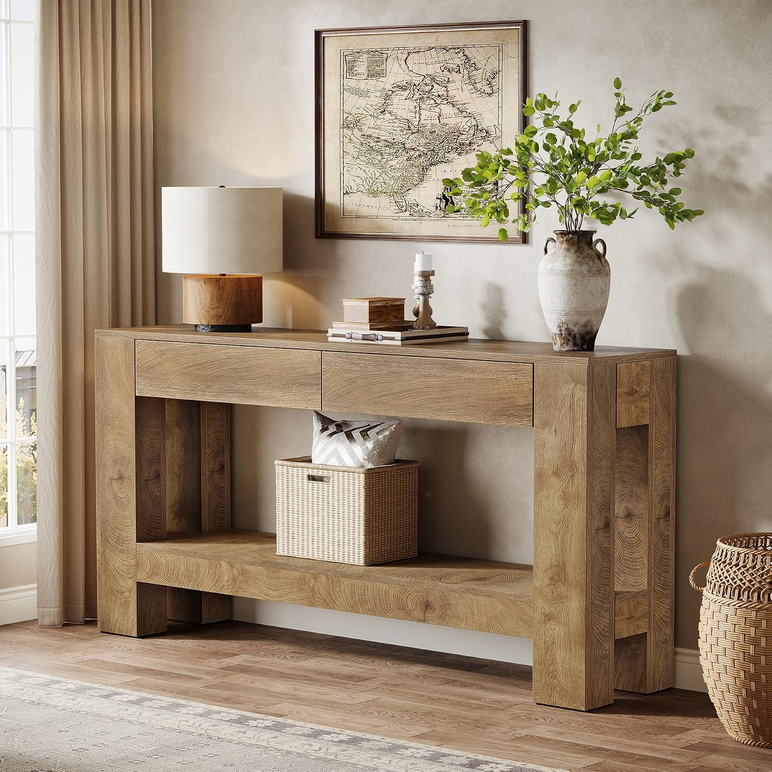 Tribesigns 63' Console Table with 2 Drawers, Farmhouse Entryway Table with Storage Shelf and Sturdy Legs, Wooden Sofa Table for Living Room, Hallway, Entrance (Brown)