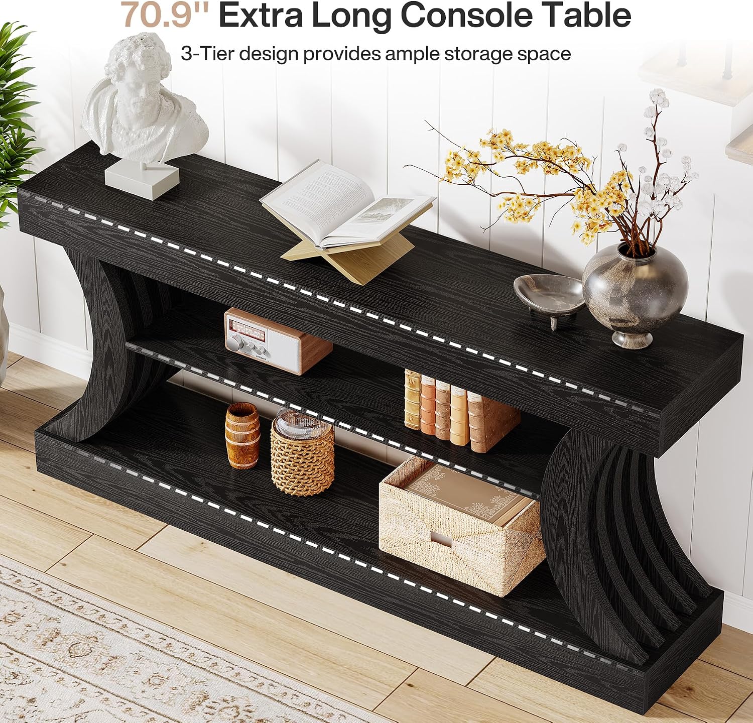 Tribesigns 70.9-Inch Long Farmhouse Entryway Console Table with Storage, 3-Tier Wooden Couch Table Behind Sofa, for Entry, Entrance, Hallway, Foyer, Living Room, Black