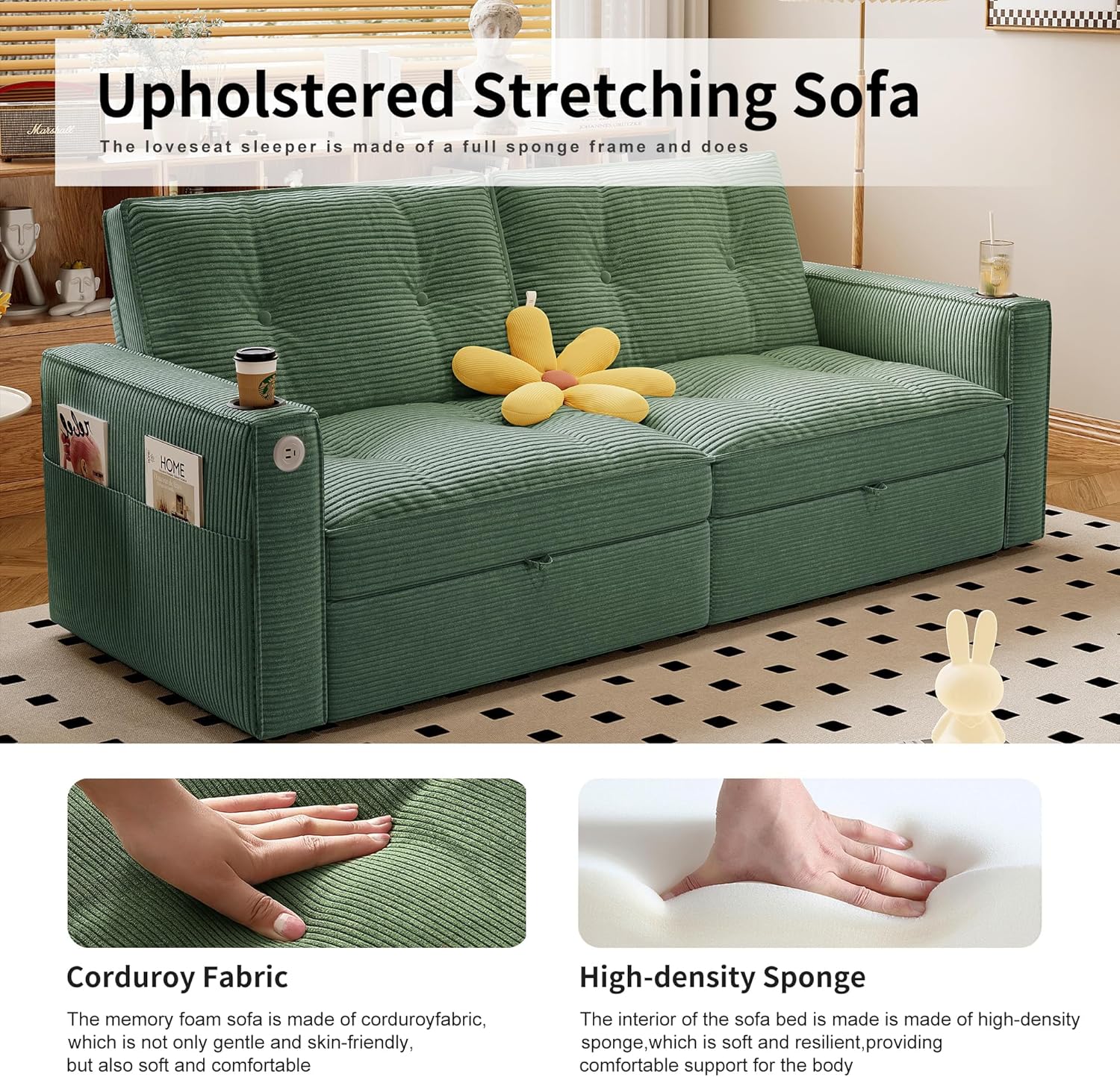 73' Queen Size Sofa Bed, Loveseat Sleeper Sofa with Pull Out Bed, Pockets and USB, Modern 2 Seater Convertible Small Couch for Living Room Bedroom Apartment (Green, Corduroy)