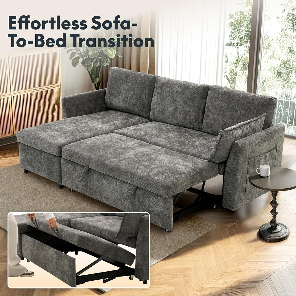 FLEXISPOT XB5 78' Pull Out Couch Bed with Storage Chaise,3-Seater Sectional Sofa Bed with USB Charging Ports, 2-in-1 Convertible Sofa Couch for Living Room Apartment, Easy to Assemble(Gray)