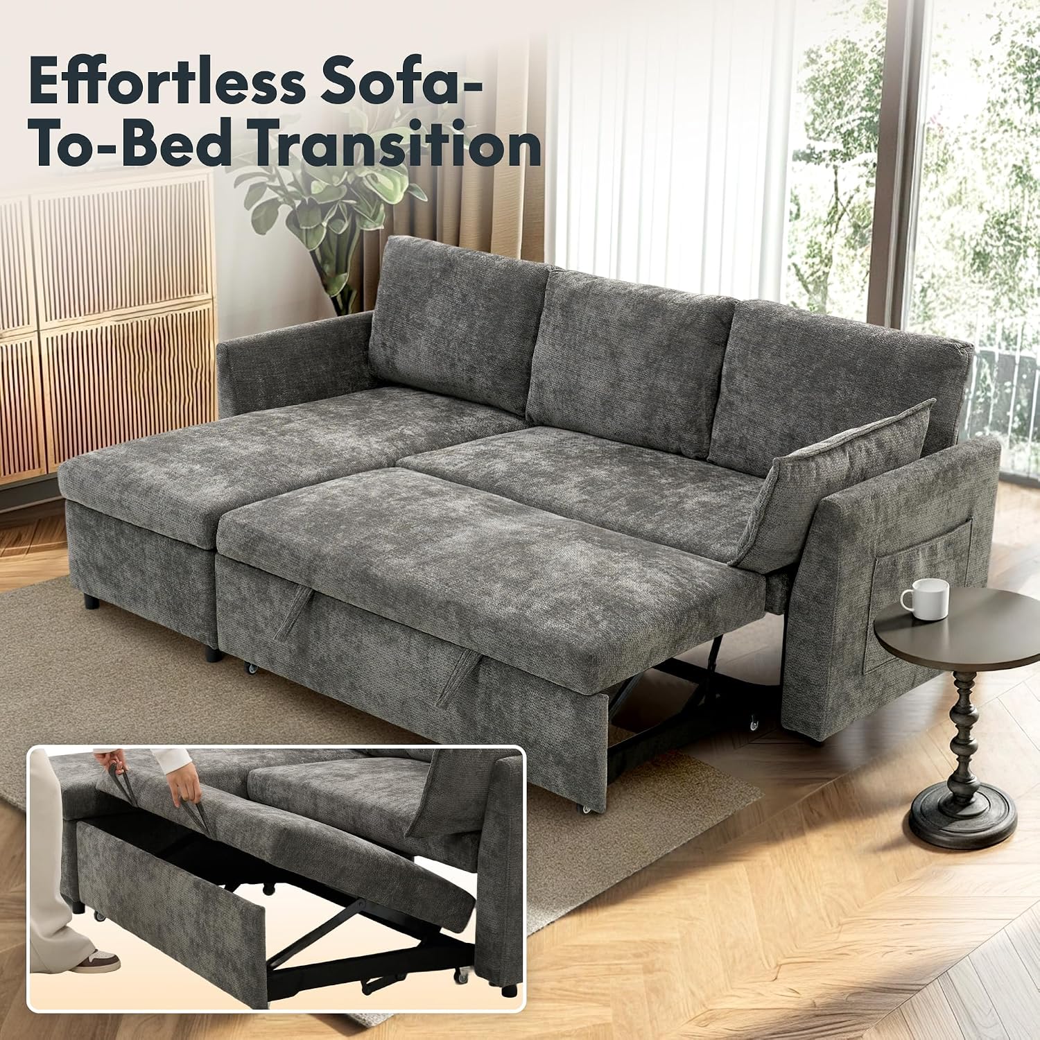 FLEXISPOT XB5 78' Pull Out Couch Bed with Storage Chaise,3-Seater Sectional Sofa Bed with USB Charging Ports, 2-in-1 Convertible Sofa Couch for Living Room Apartment, Easy to Assemble(Gray)
