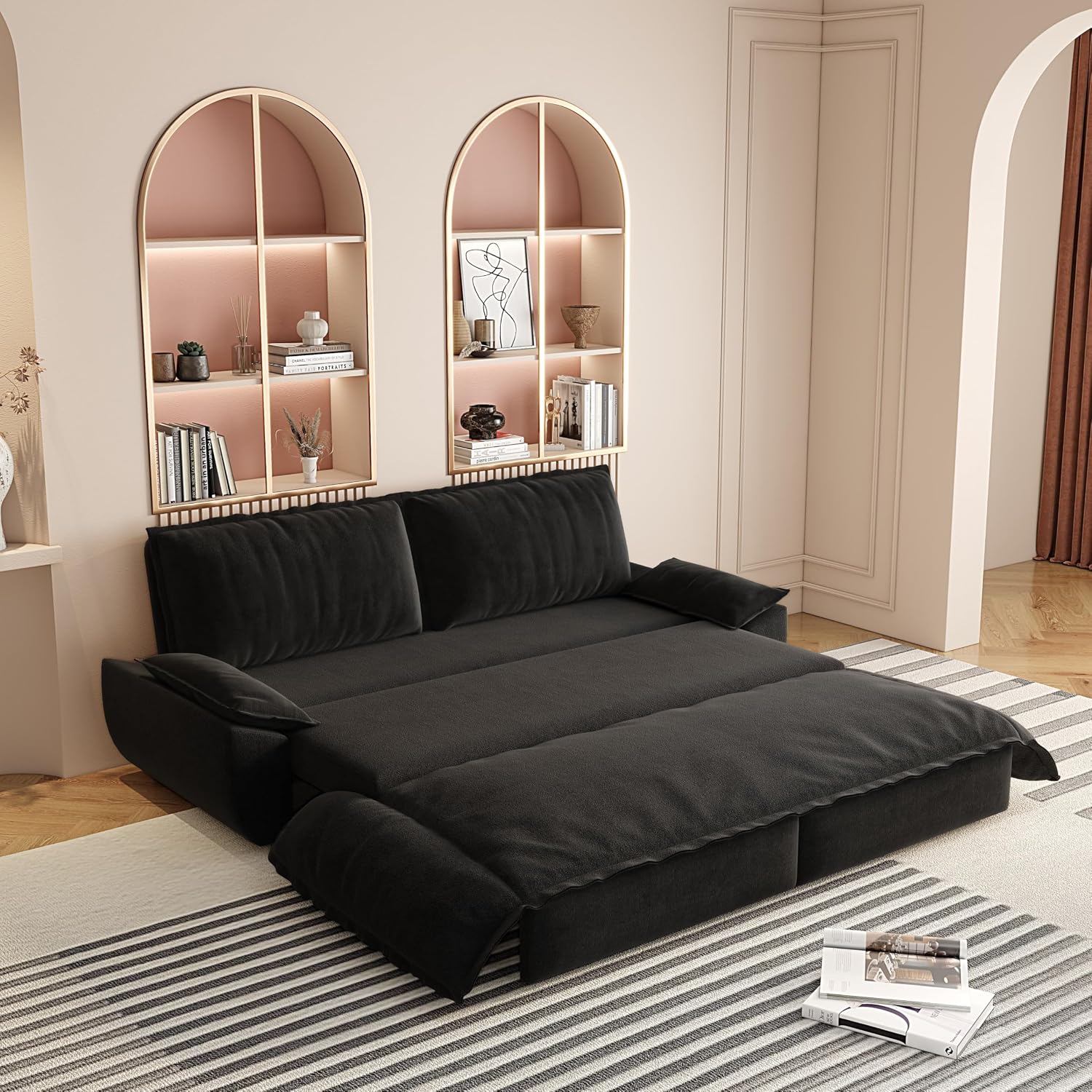 73.2' Sleeper Sofa Bed Queen, 3-in-1 Convertible Couch, Modern Pull Out Couches, Comfy Velvet Futon Sofa, Cloud Loveseat Lounge, Pillow Arm, for Small Spaces, Apartment, Living Room, Black