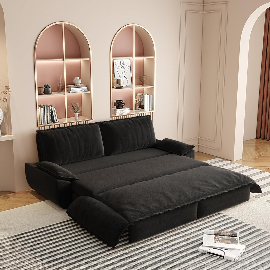 73.2' Queen Size Pull Out Sofa Bed,3-in-1 Convertible Sleeper Sofa with Velvet Upholstery,Removable Cushions & Backrest Sturdy Metal Frame,Multifunctional Loveseat Bed for Living Room,Bedroom,Black