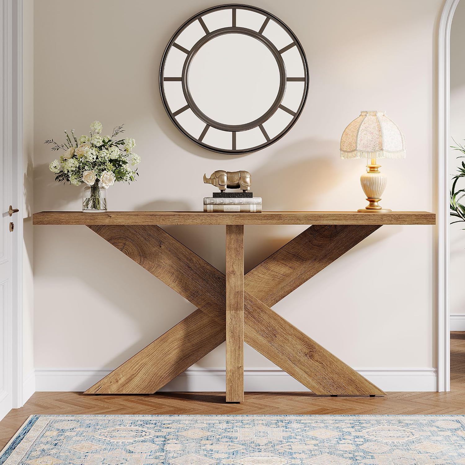 Tribesigns 70.9 Inches Long Sofa Table Behind Couch, Farmhouse Console Entry Table with Wooden Geometric Base for Entryway, Living Room, Oak Brown