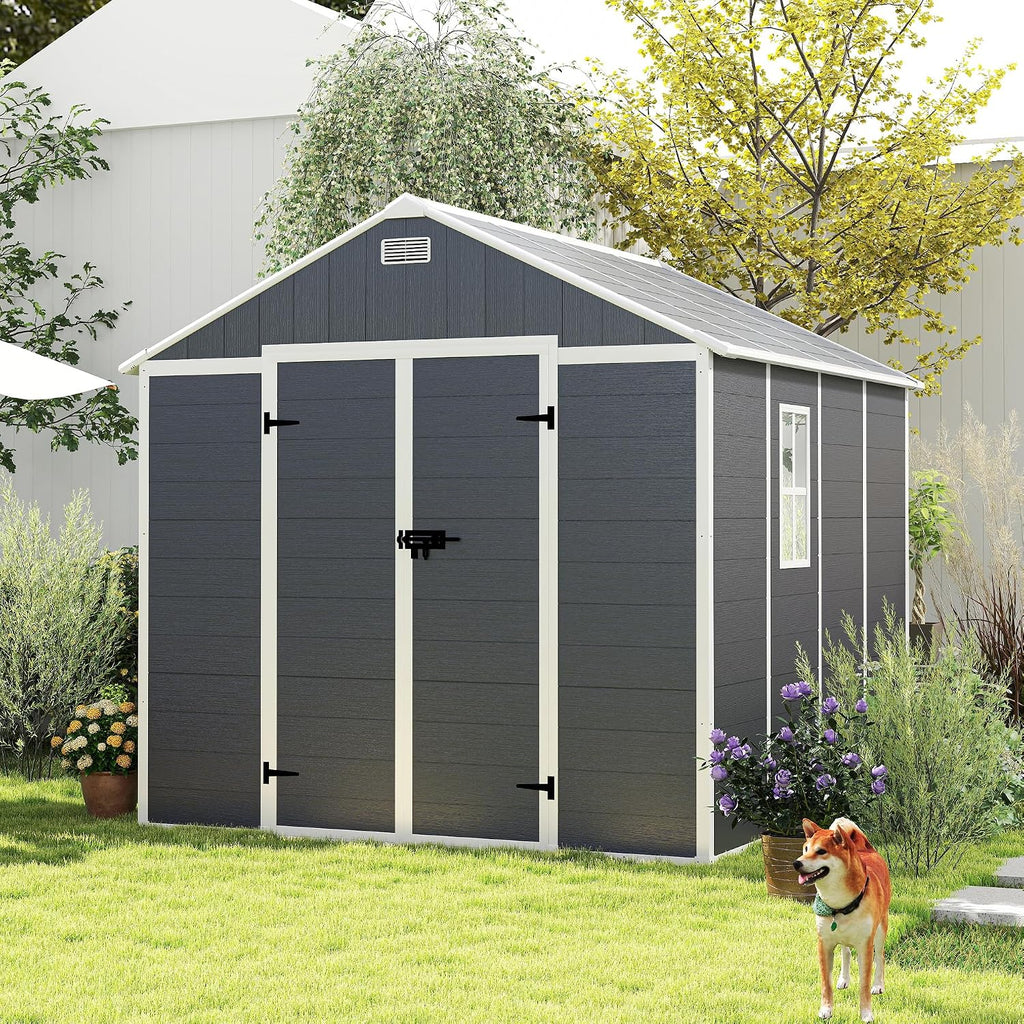 Campcraft 6x6ft Outdoor Storage Shed, Heavy-Duty Resin Plastic Garden Shed with HD Window, Waterproof UV-Resistant Tool Shed for Backyard, Patio & Lawn Equipment 12mm Thick PP Walls (8 x 8 ft)