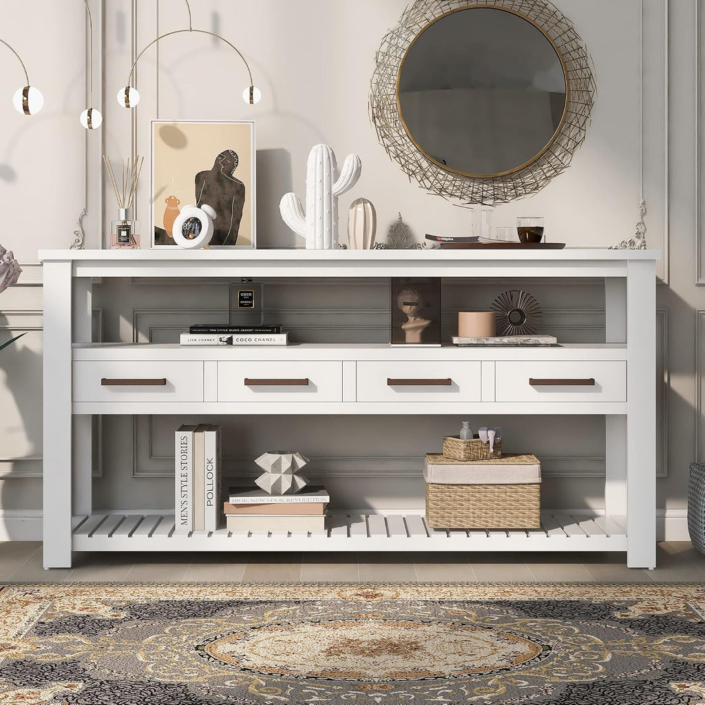 LKTART Console Table for Entryway with 4 Drawers,61.5'' Long Sofa Table with 3-Tier Open Shelves,Entry Table for Hallway,Foyer,Living Room,White