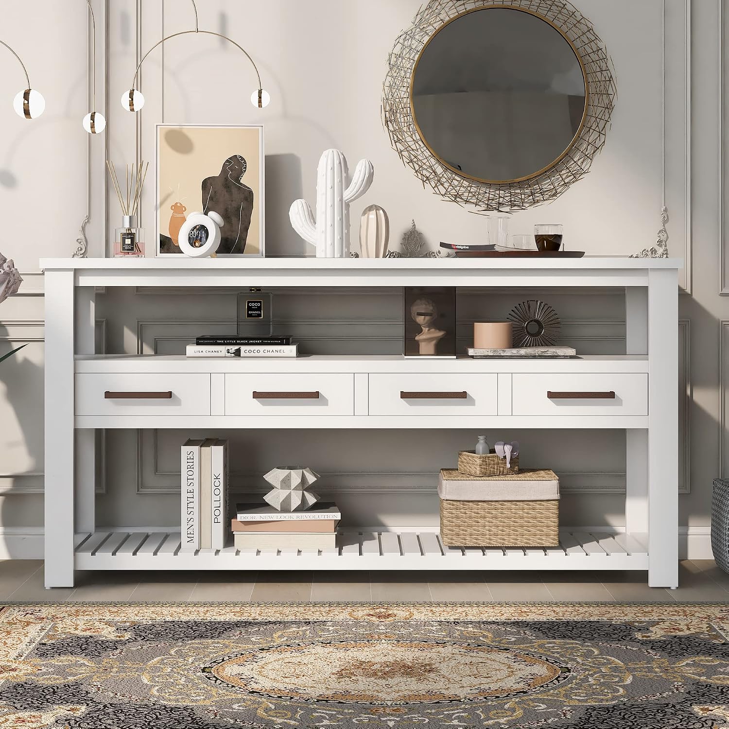 LKTART Console Table for Entryway with 4 Drawers,61.5'' Long Sofa Table with 3-Tier Open Shelves,Entry Table for Hallway,Foyer,Living Room,White