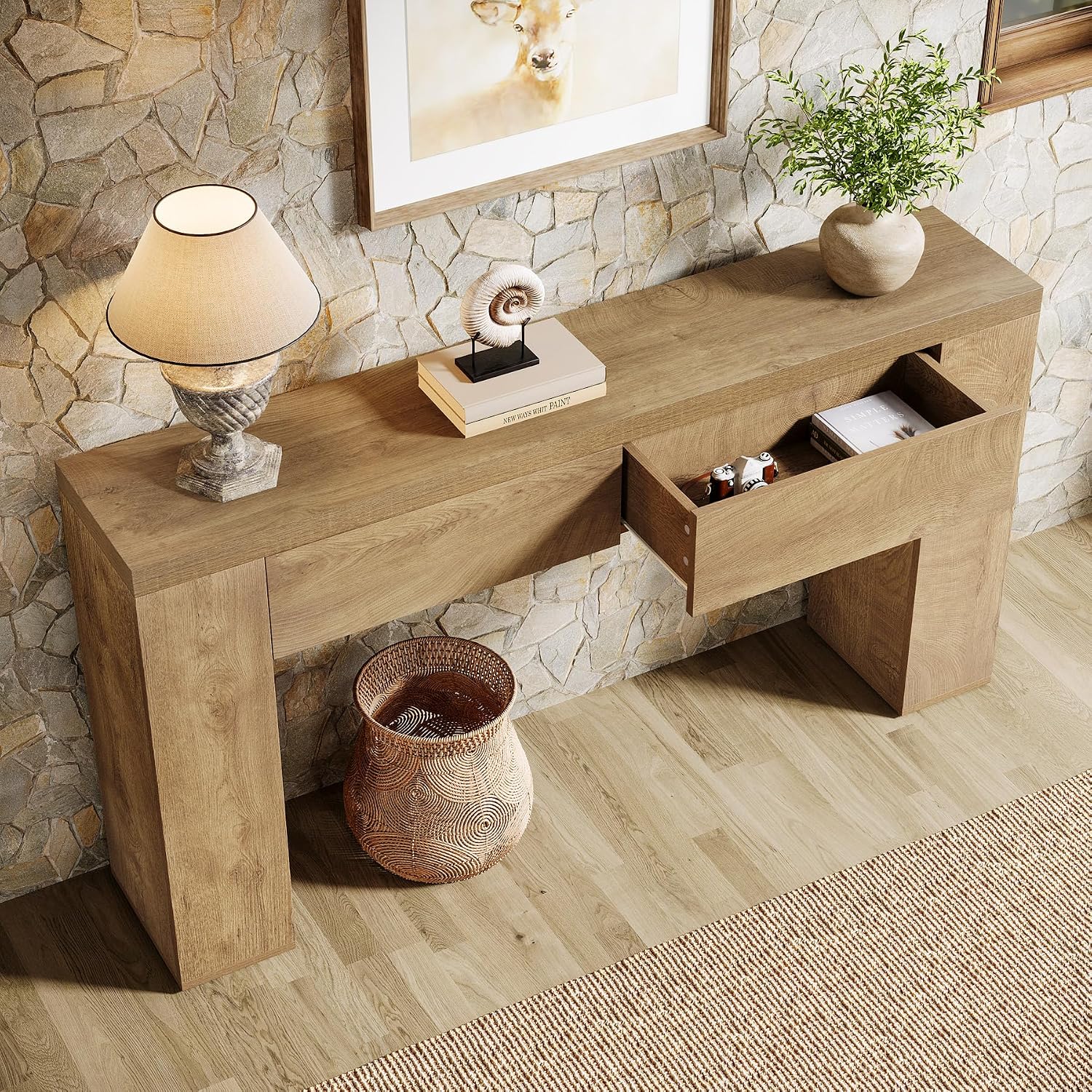 Tribesigns 63-Inch Wooden Foyer Table with with 2 Hidden Drawers, Farmhouse Console Table for Living Room, Hallway, Entrance, Easy Assembly (Brown)