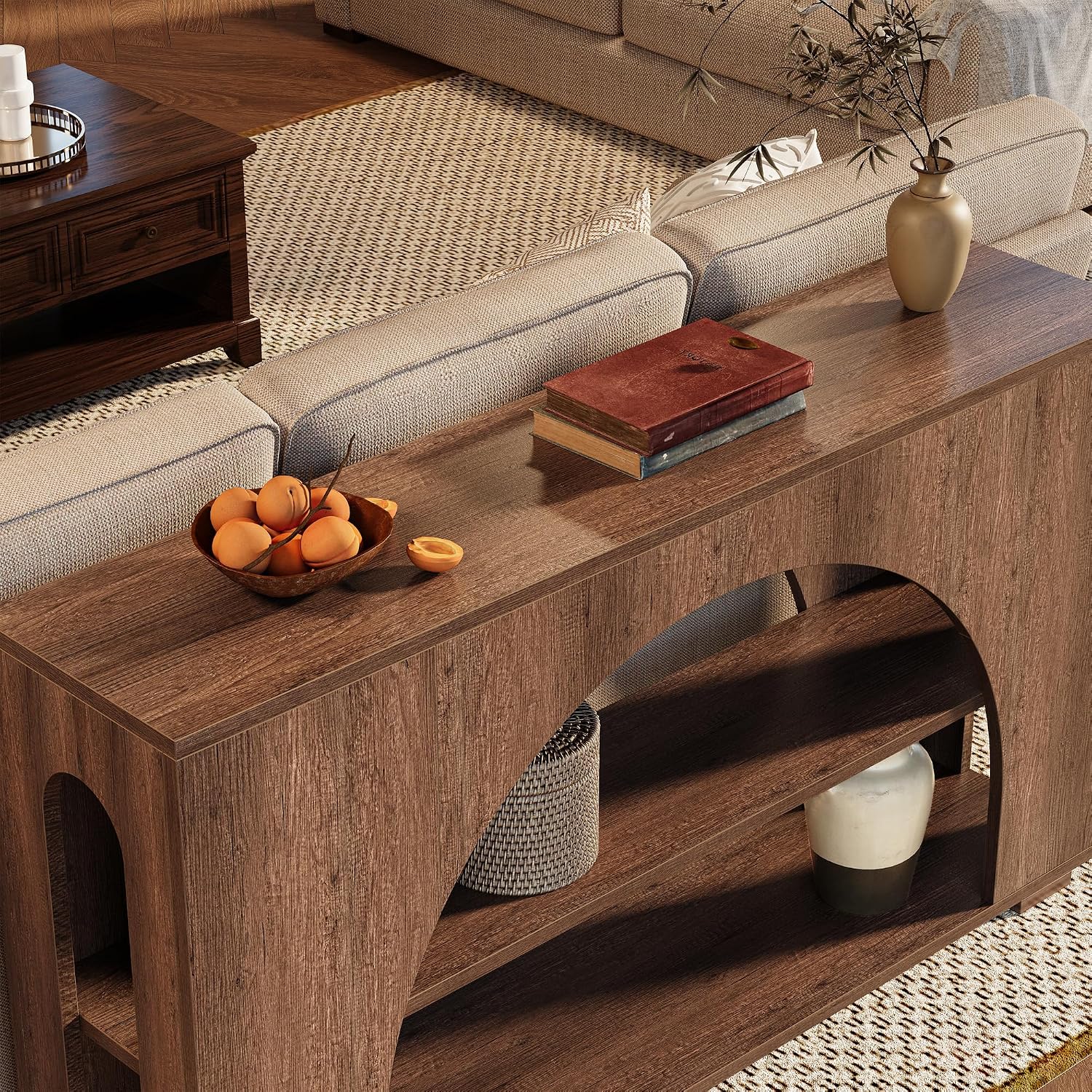 55' Arched Console Table with 3-Tier Storage, Farmhouse Wooden Sofa Table Behind Couch, Narrow Long Entryway Table for Entrance, Hallway, Living Room, Brown Oak